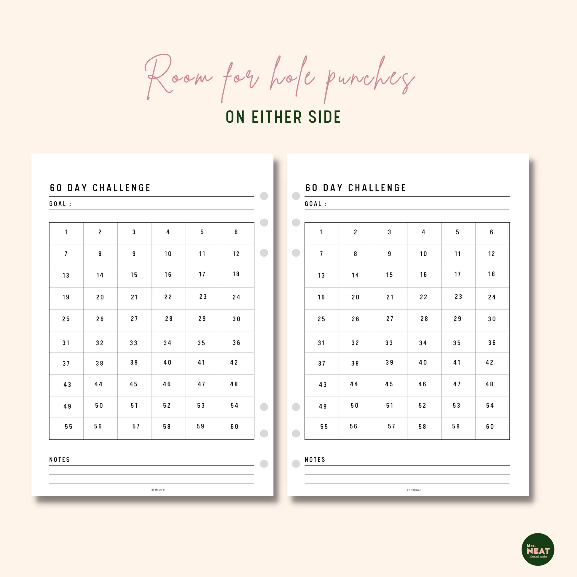 Cute and Minimalist 60 Day Challenge Planner with room for hole punches on either side