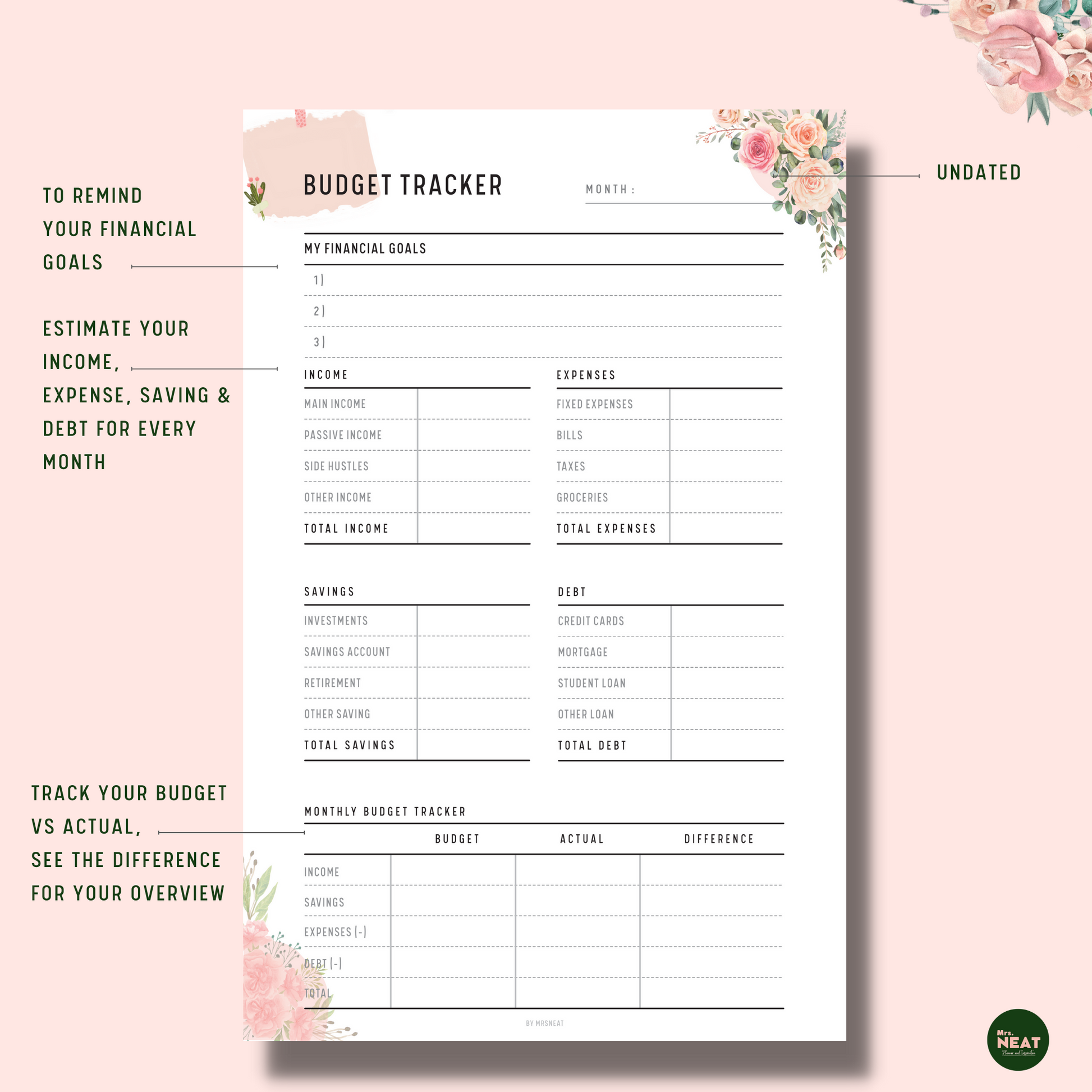 Floral Budget Tracker with room for financial goals, budget income, expense, saving, bills and financial summarize