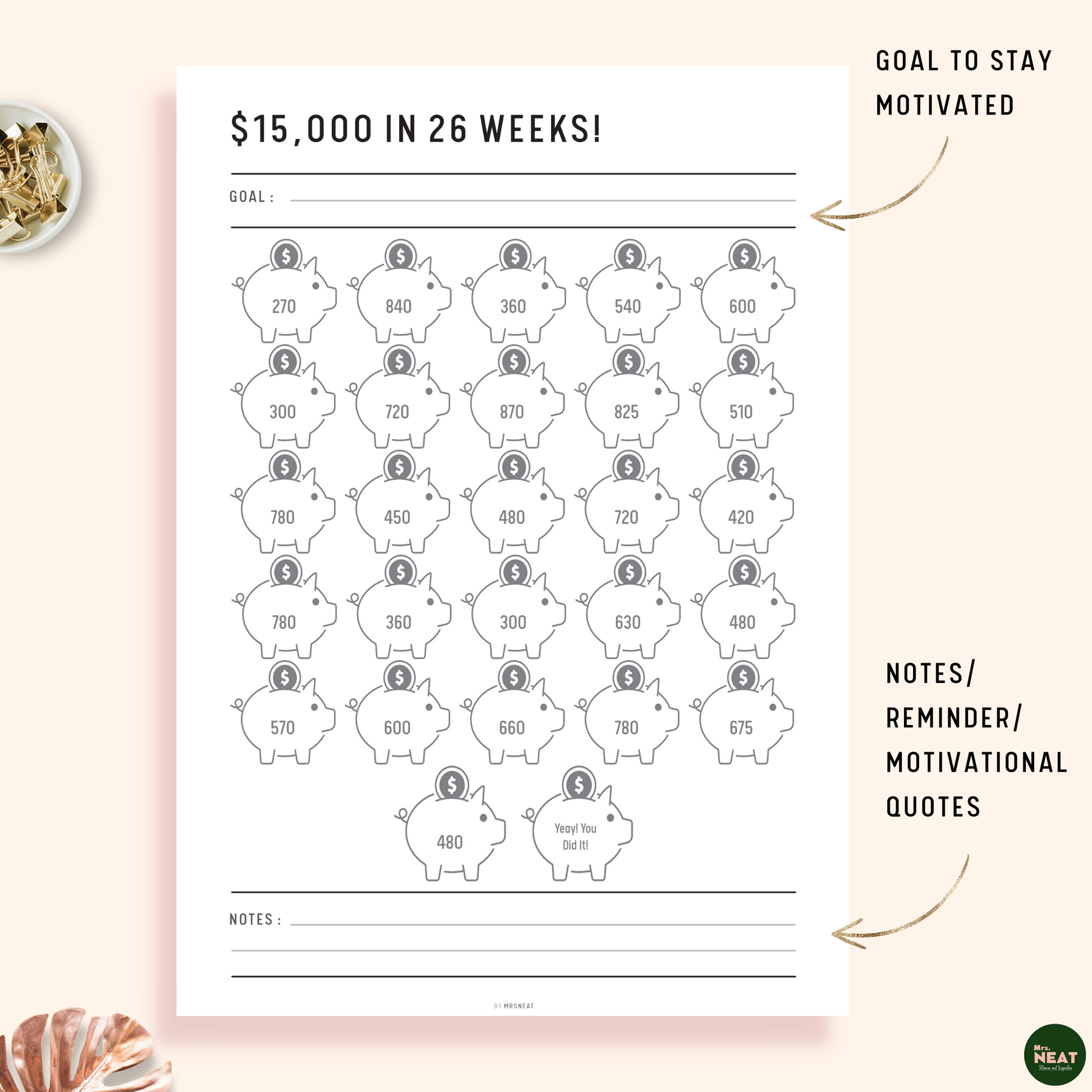 $15,000 Savings Challenge in 26 Weeks Planner with notes for reminder and motivational quotes