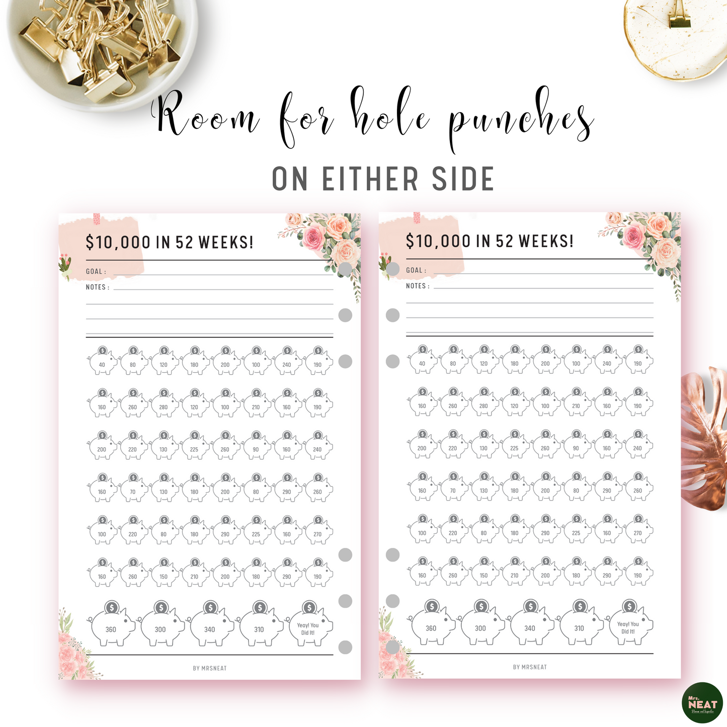 Floral Money Saving Challenge Planner to save $10000 in 52 Weeks with room for hole punches on either side