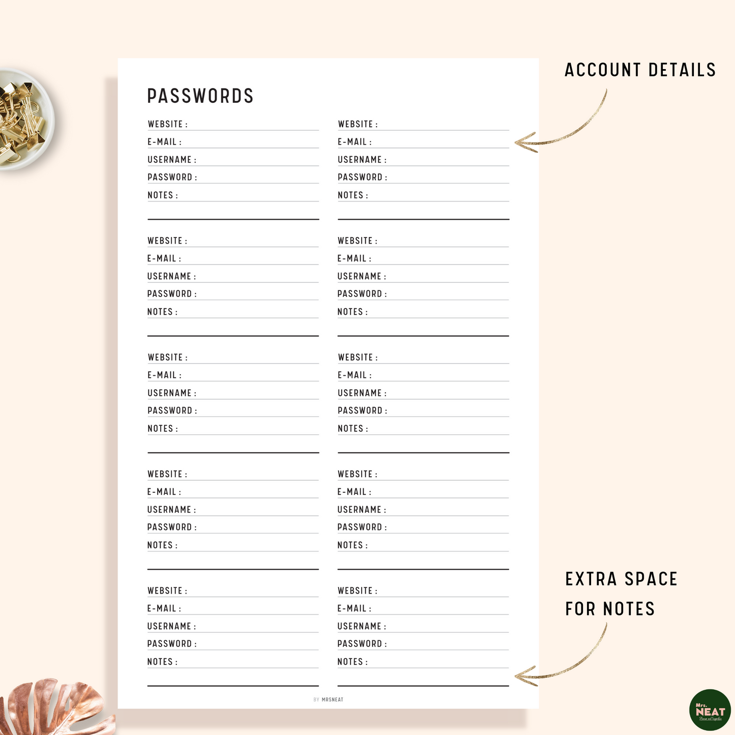 Password Tracker Planner Printable with room for Account Details and Extra Space for Notes