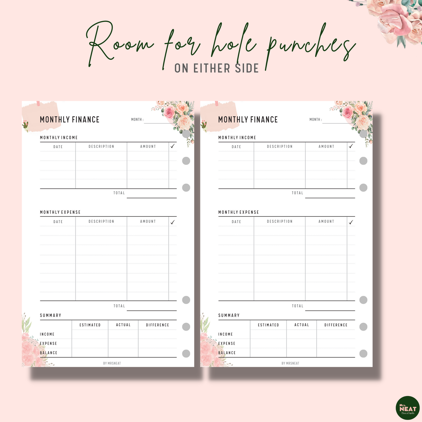 Pink Floral Monthly Finance Planner with room for hole punches on either side