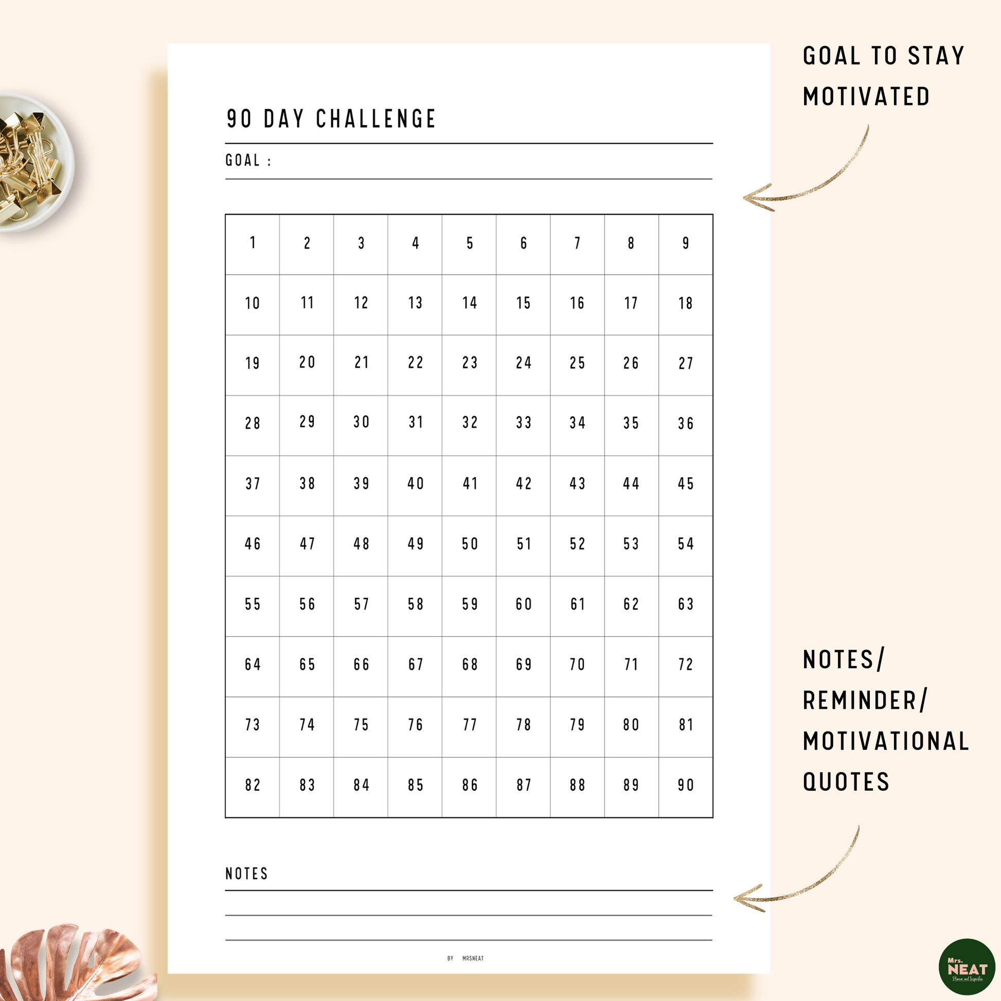 Clean and Minimalist 90 Day Challenge Planner with room for goal and notes