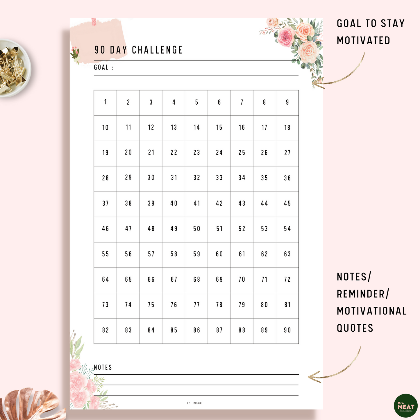 Cute and Beautiful Pink Floral 90 Day Challenge Planner with room for goal and notes