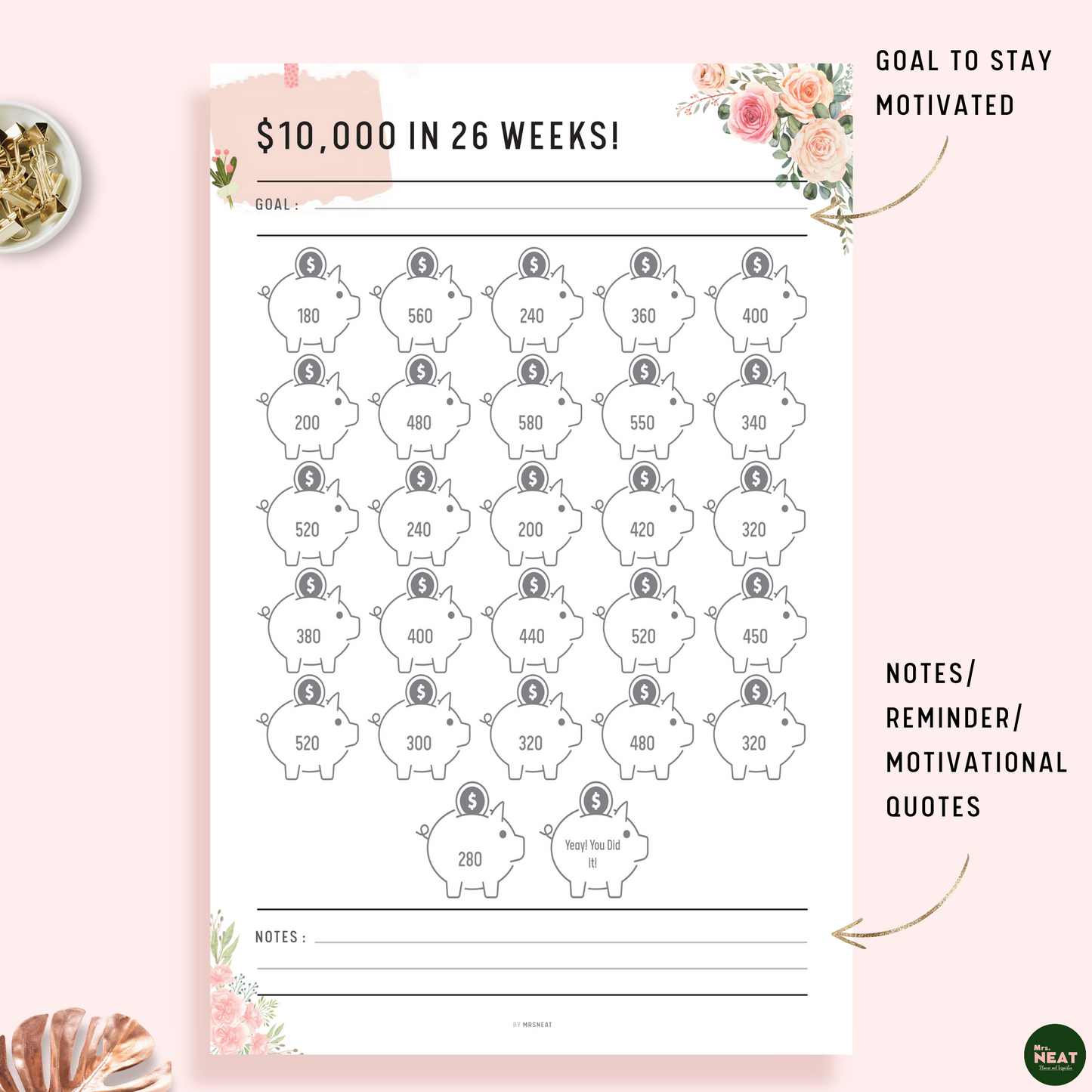 Pink Floral $10000 Money Saving Challenge Planner in 26 Weeks with room for Goal and Notes