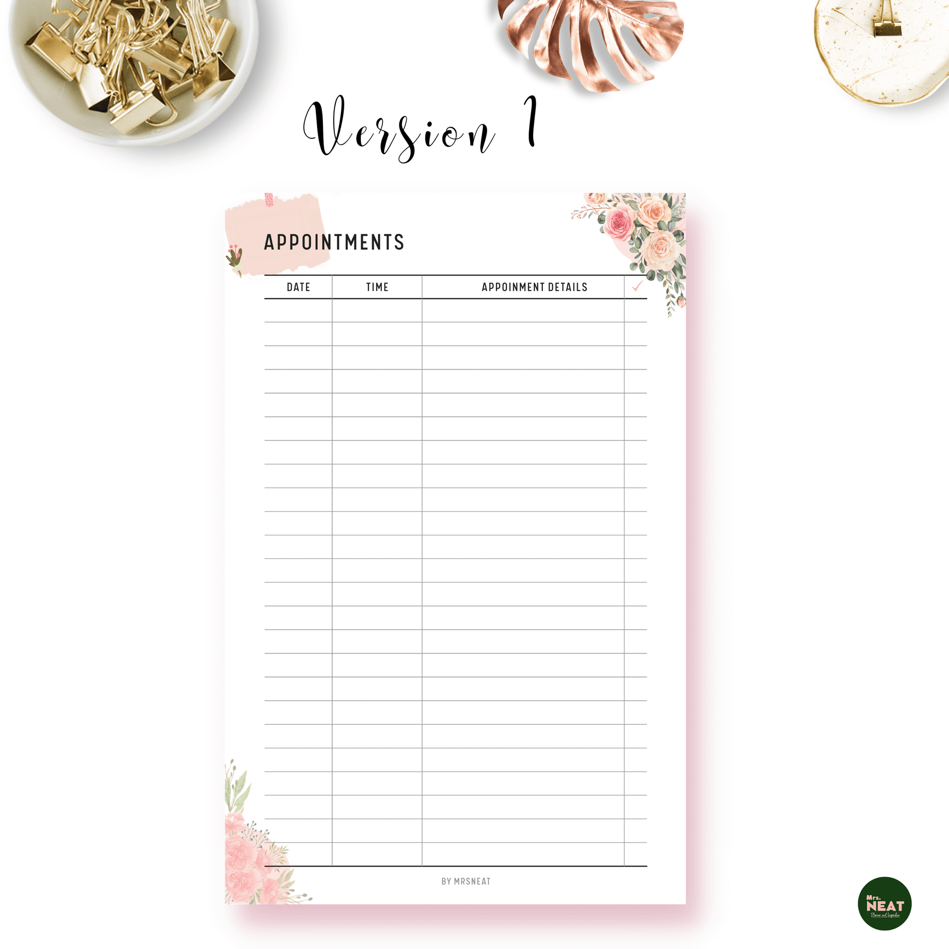 Floral Appointment Tracker Planner with room for Date, Time, Appointment Detail and Checklist