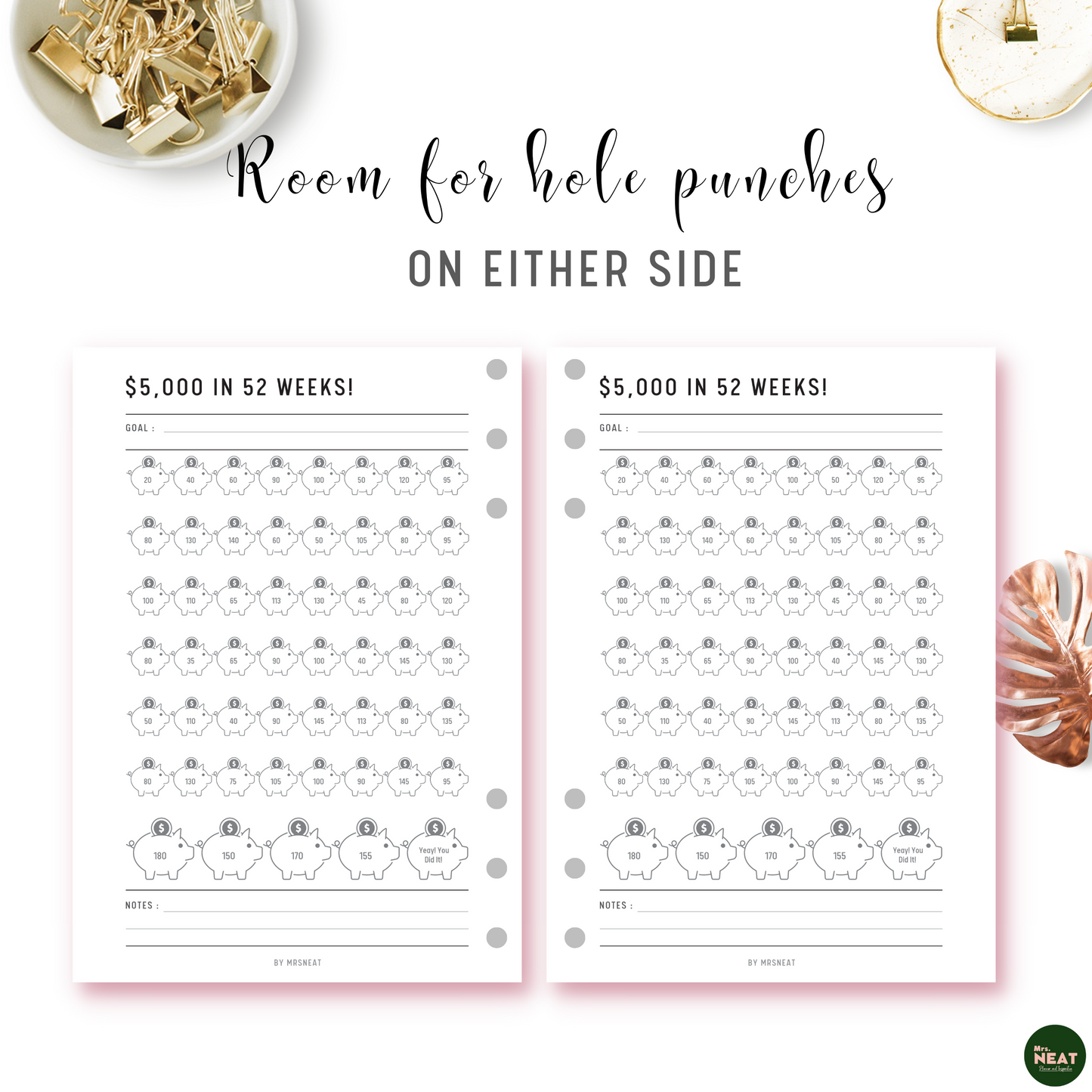 Piggy Bank $5000 Money Saving Challenge Planner with room for hole punches on either size
