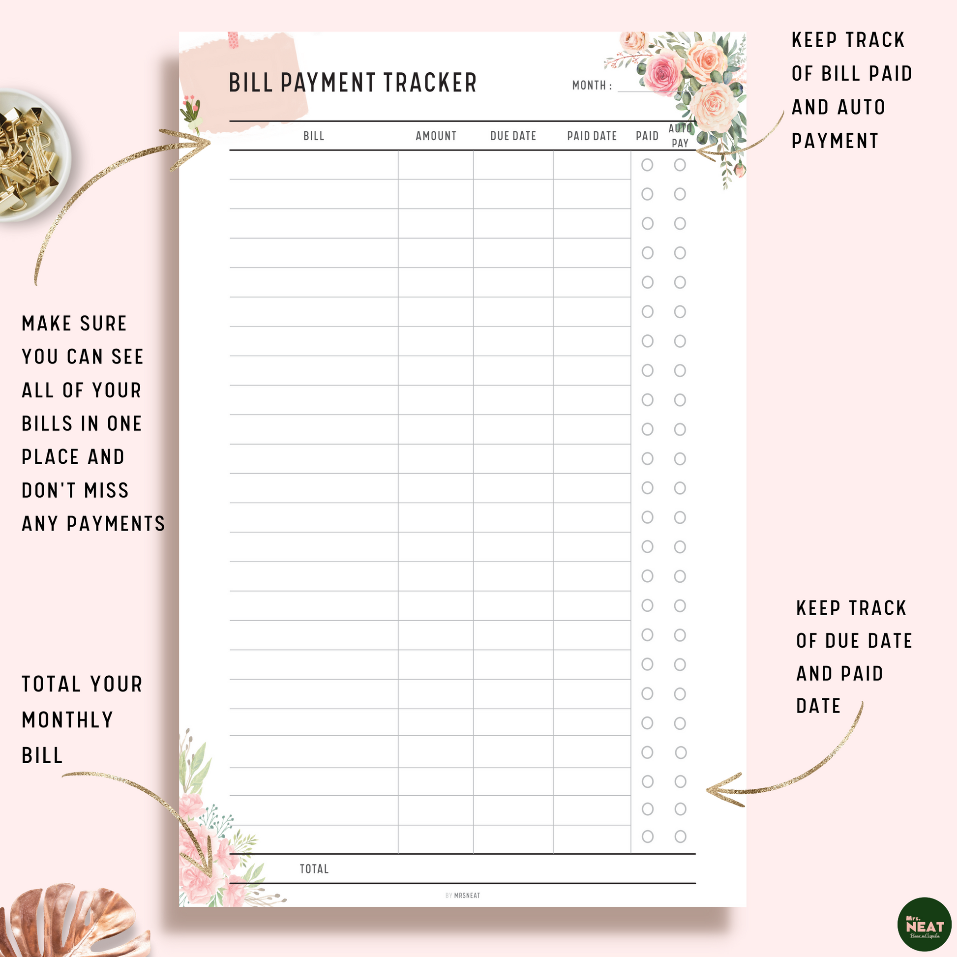 Floral Monthly Bill Payment Tracker with room for bills, amount, date and payment options