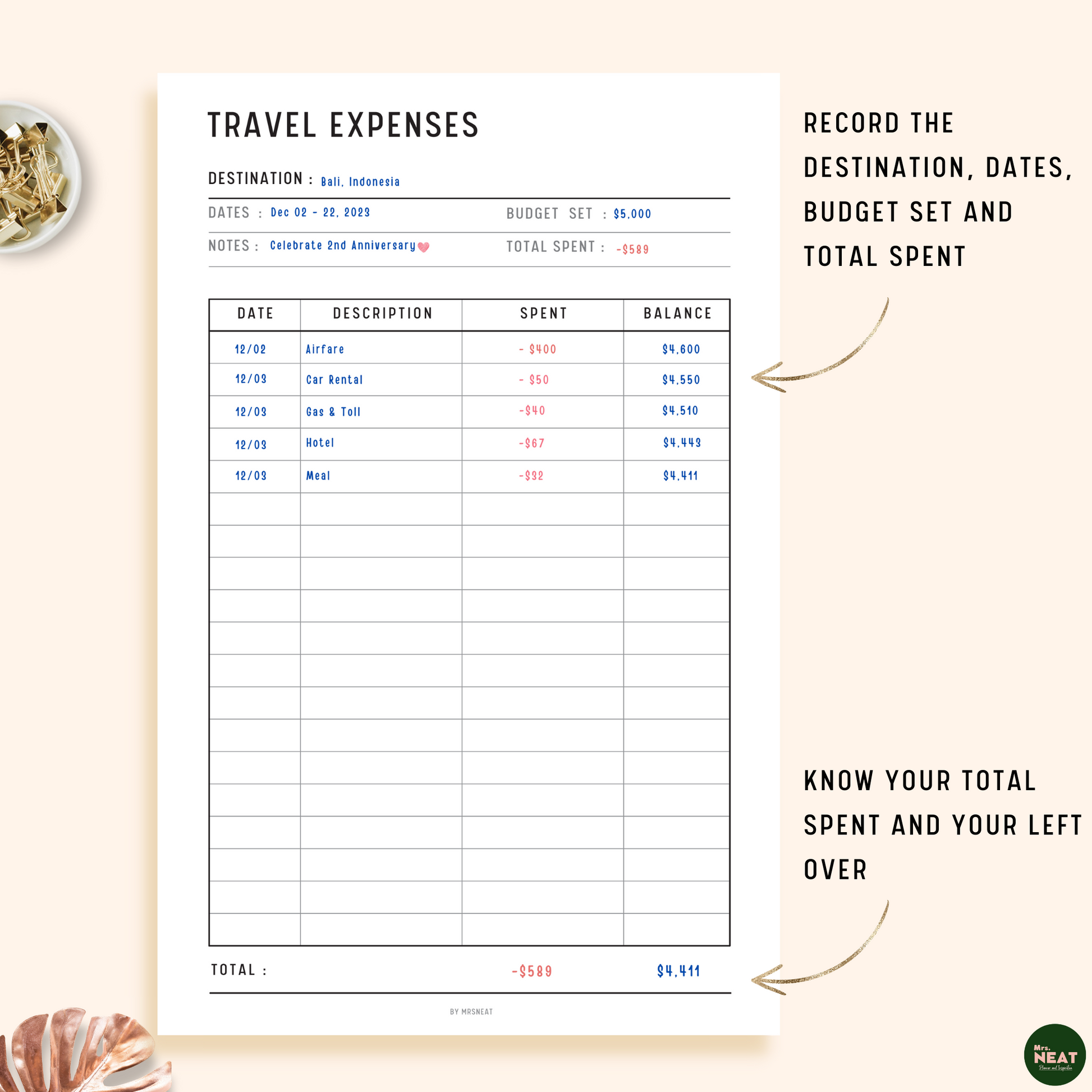 Travel Expenses Tracker Planner with room for destination, travel dates, budget set and total spent