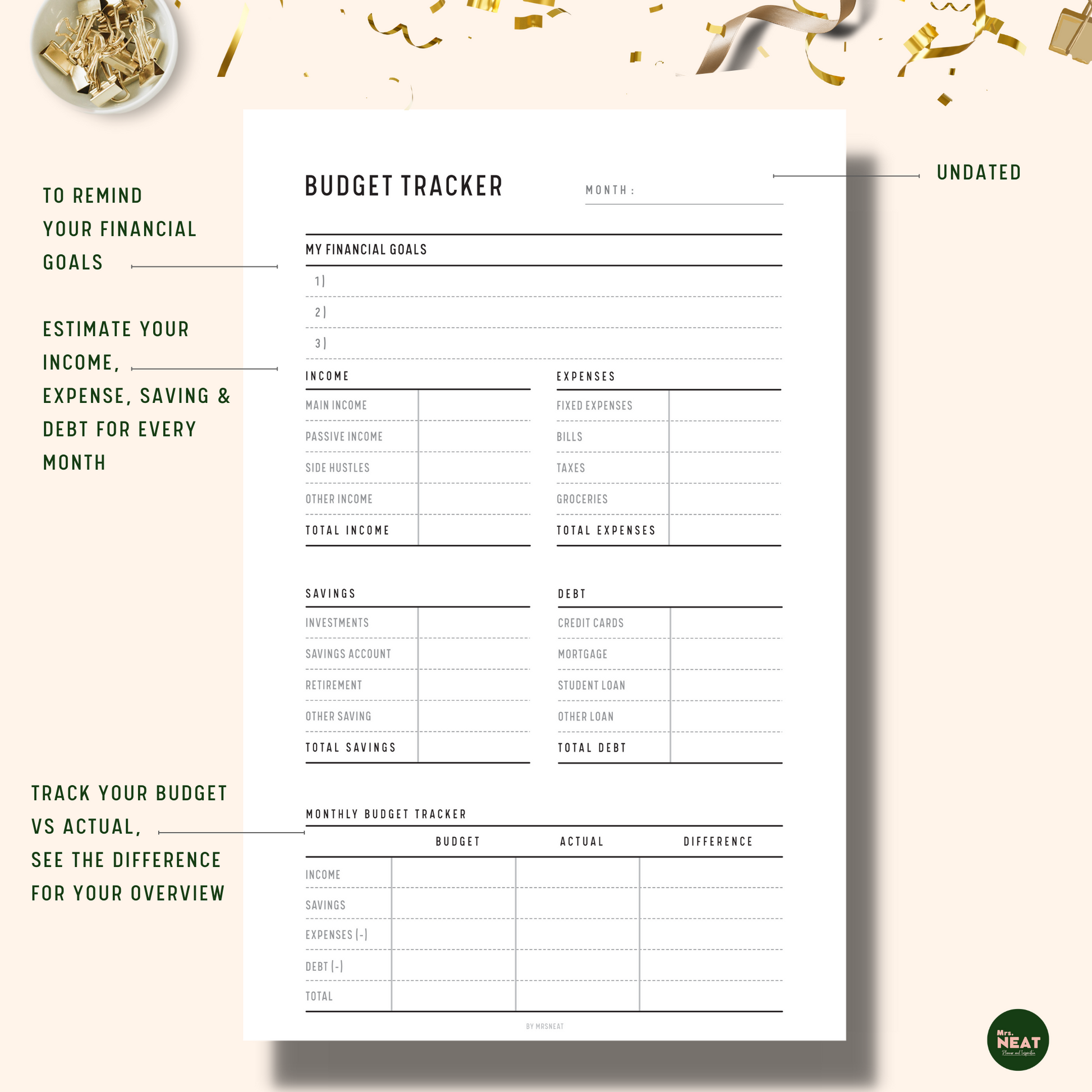 Monthly Budget Tracker Planner with room for financial goals, Income, Expense, Savings and Bills 