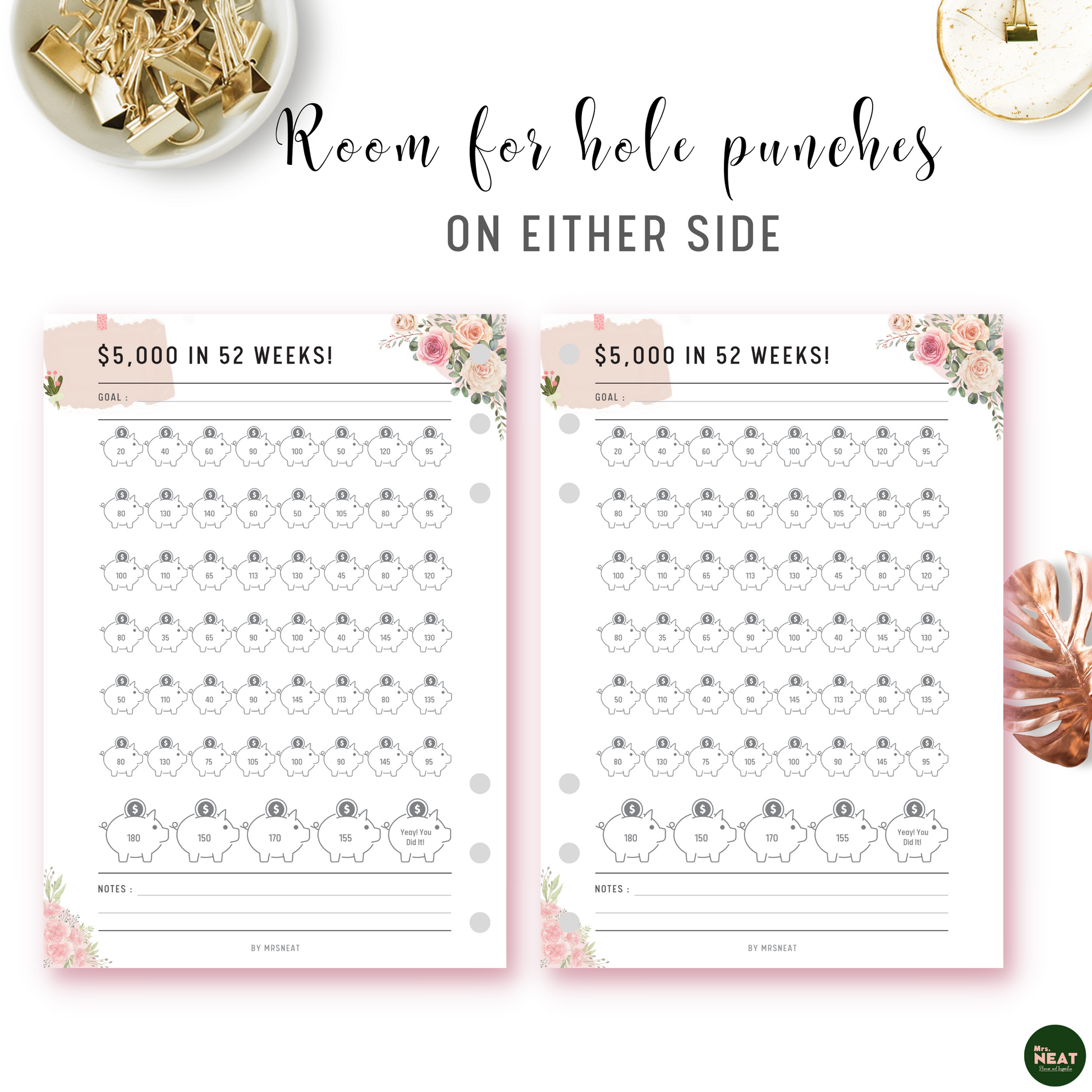 Pink Floral Money Saving Challenge Planner for 52 weeks with room for hole punches on either side