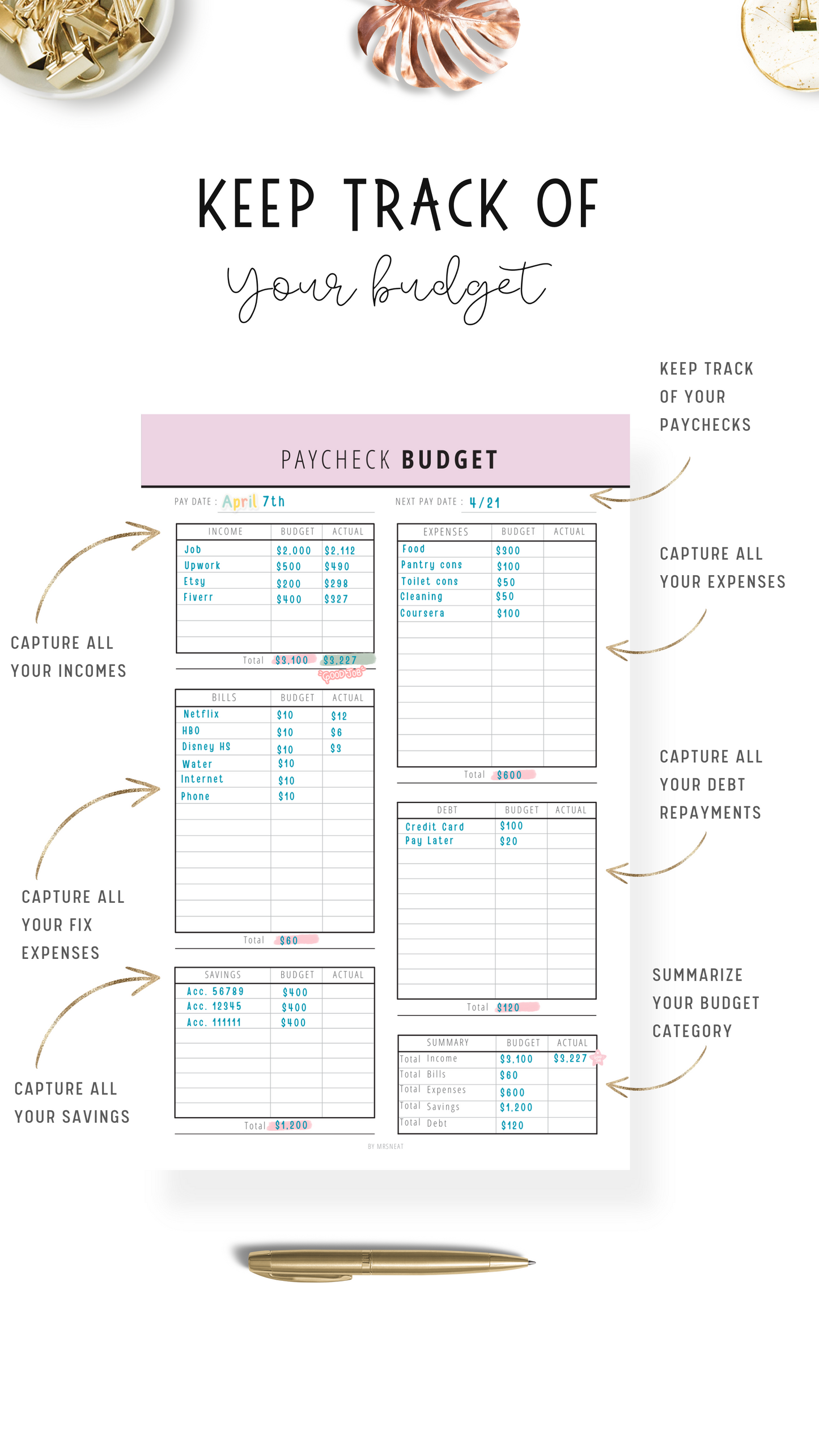 Paycheck Budget Planner with room for Income, expense, bills, savings and summary