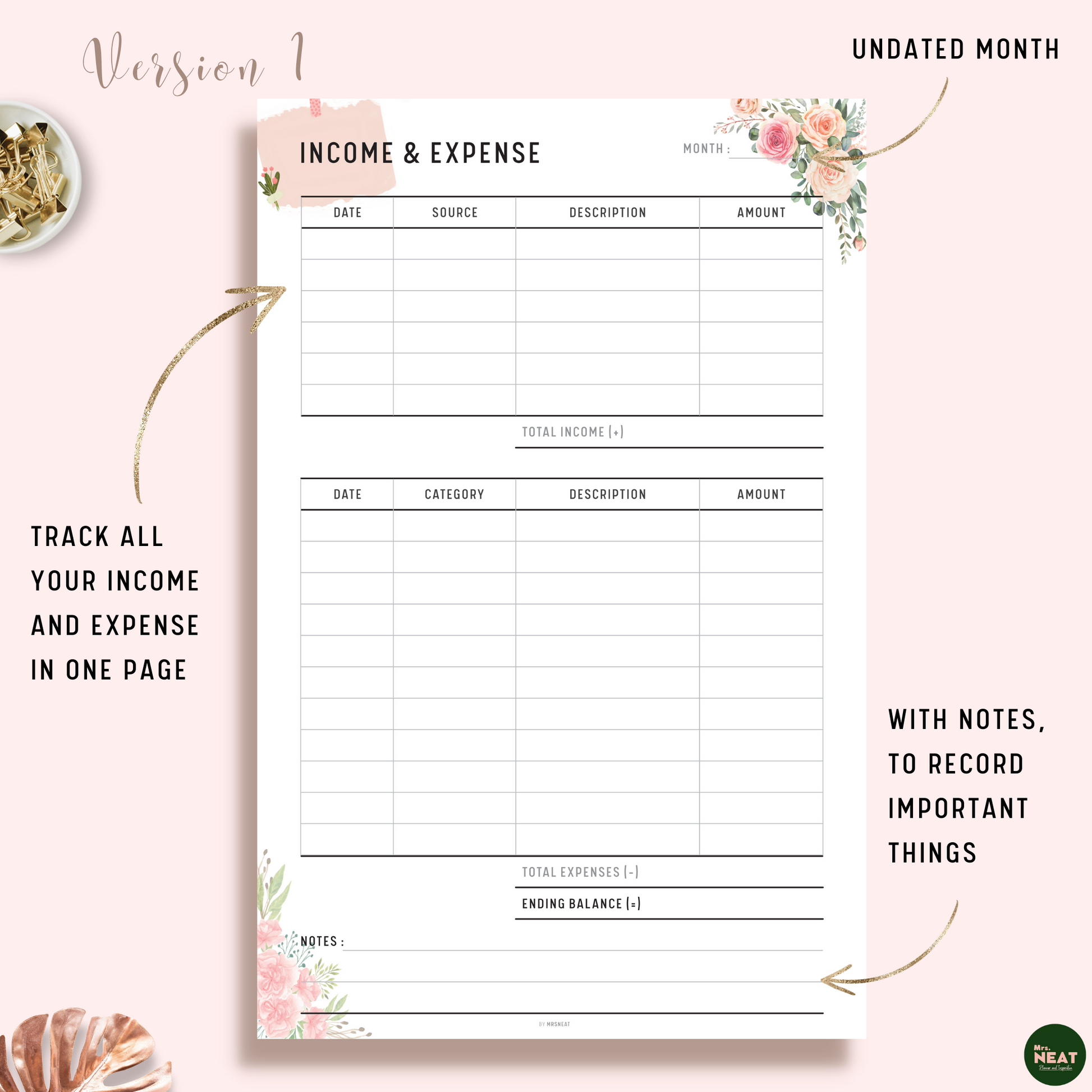 Cute Pink Floral Income and Expense Tracker Planner with room for income, expense and notes