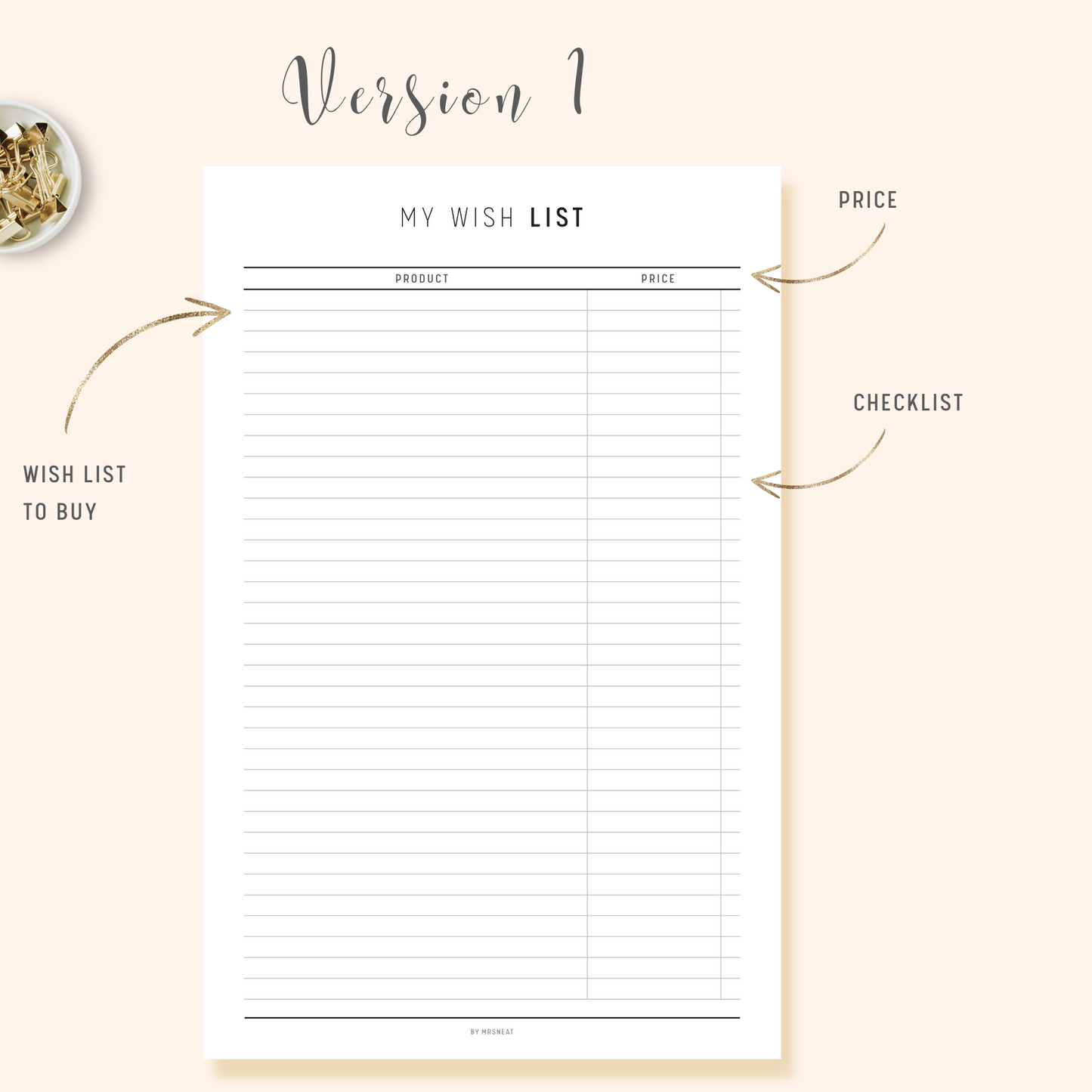 Wish List Planner with room for Product list to Buy, Price and Checklist column