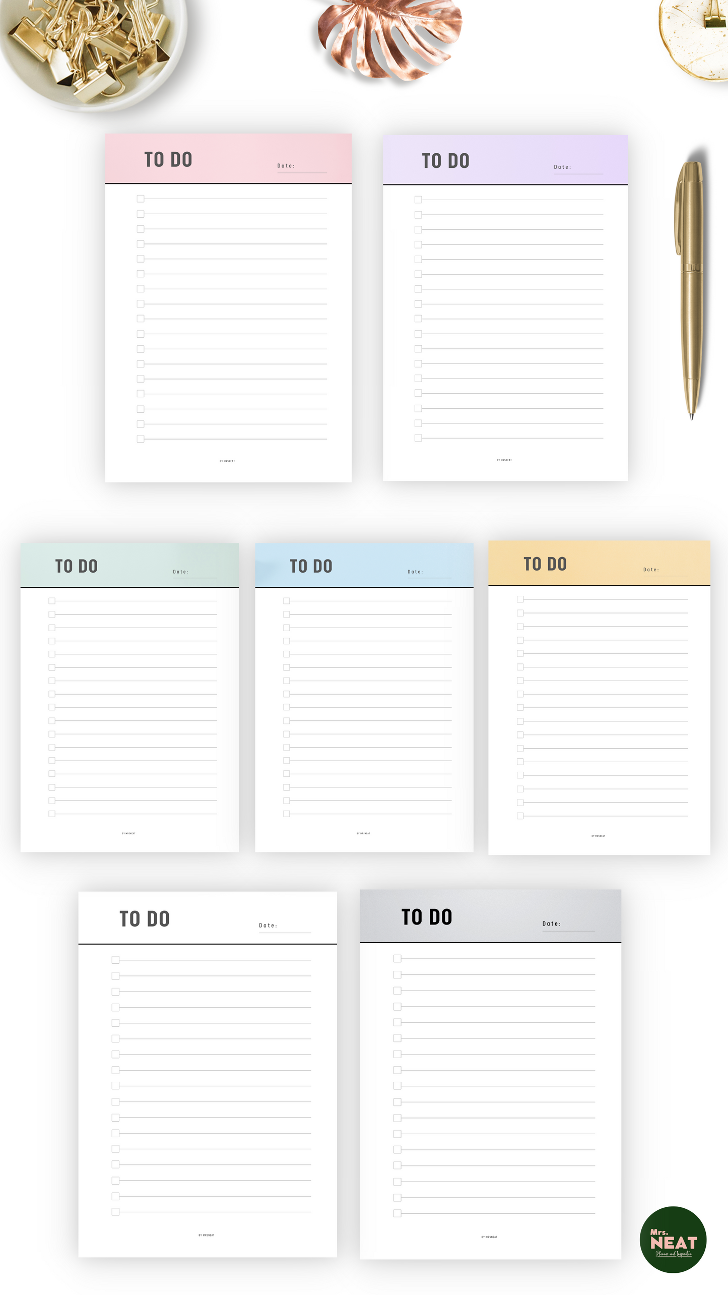 Vertical Beautiful and clean to do list page in pink, purple, green, blue, yellow, neutral and grey color