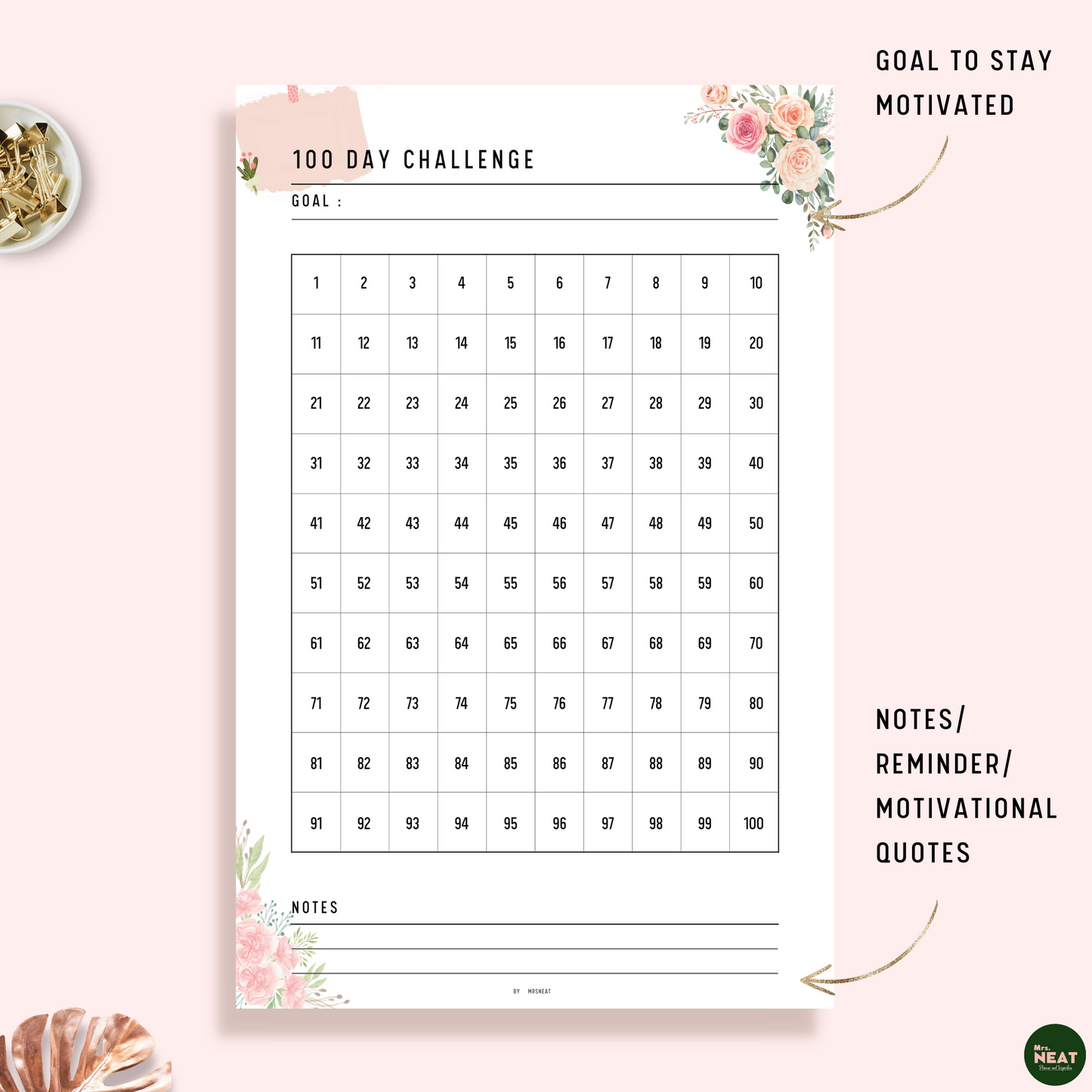 Floral 100 Day Challenge Habit Tracker Planner with Room for Goal and Notes