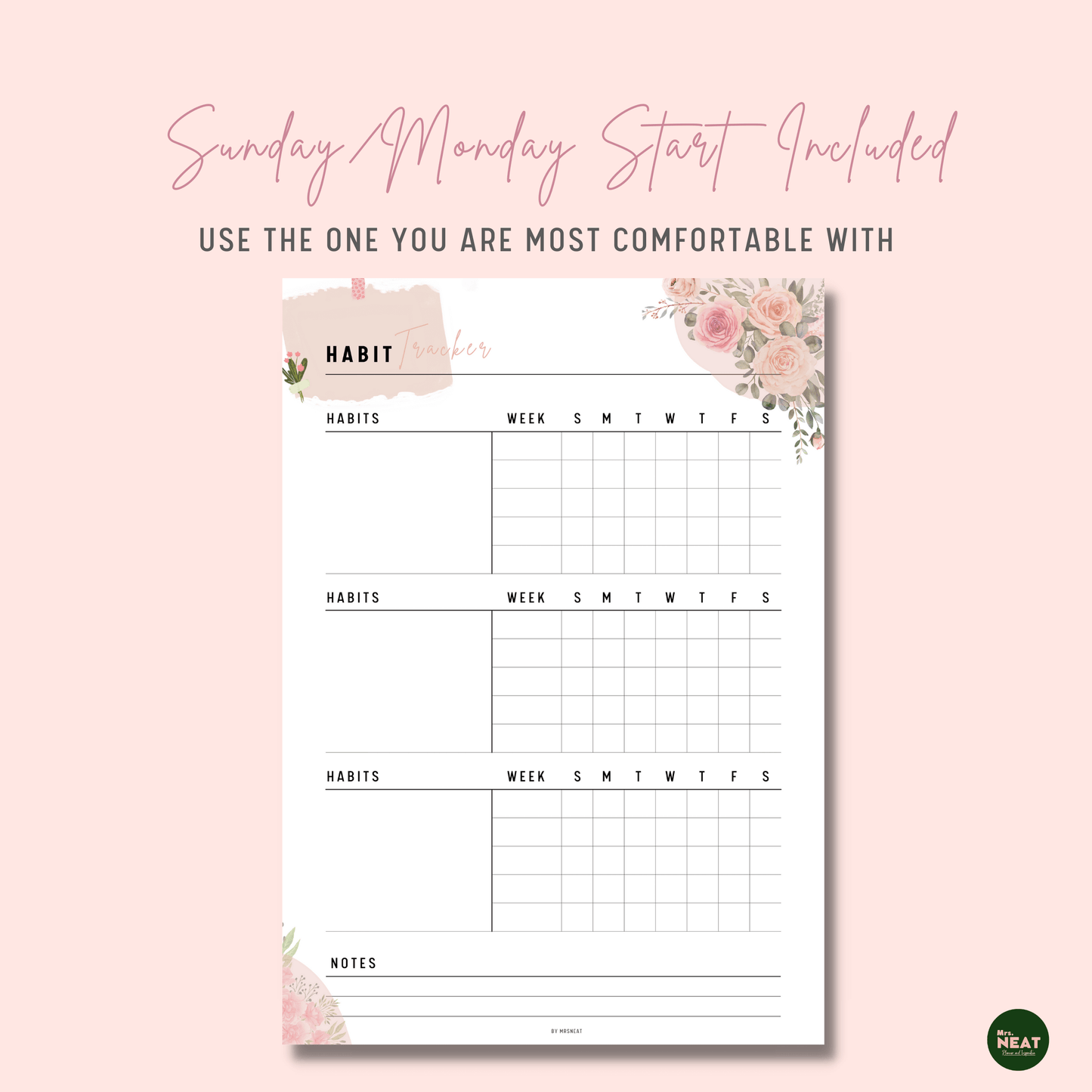 Pink Floral Daily Habit Tracker Planner with Sunday start and Monday Start