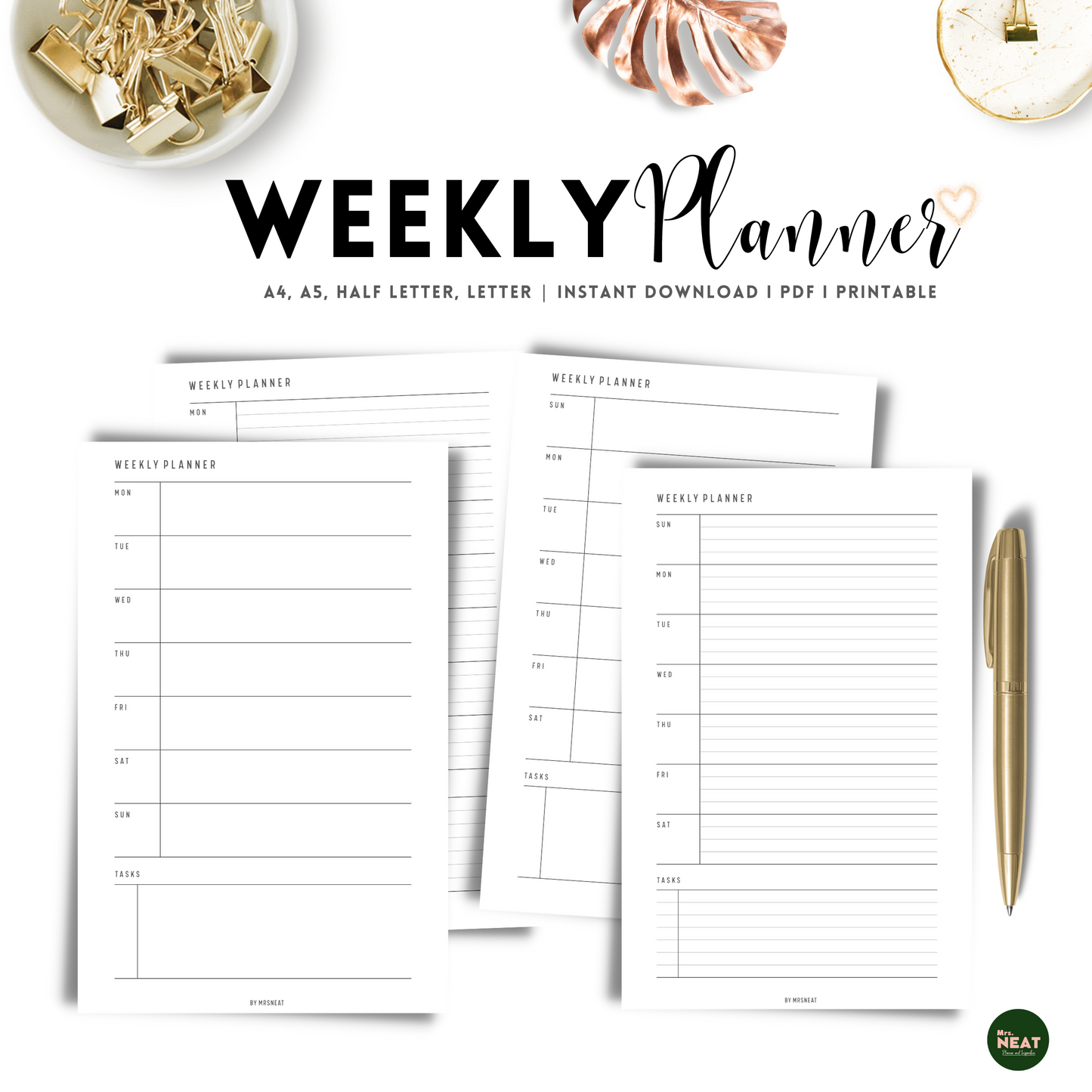 4 Pages Minimalist Weekly Planner with Sunday Start and Monday Start, Lined and Unlined