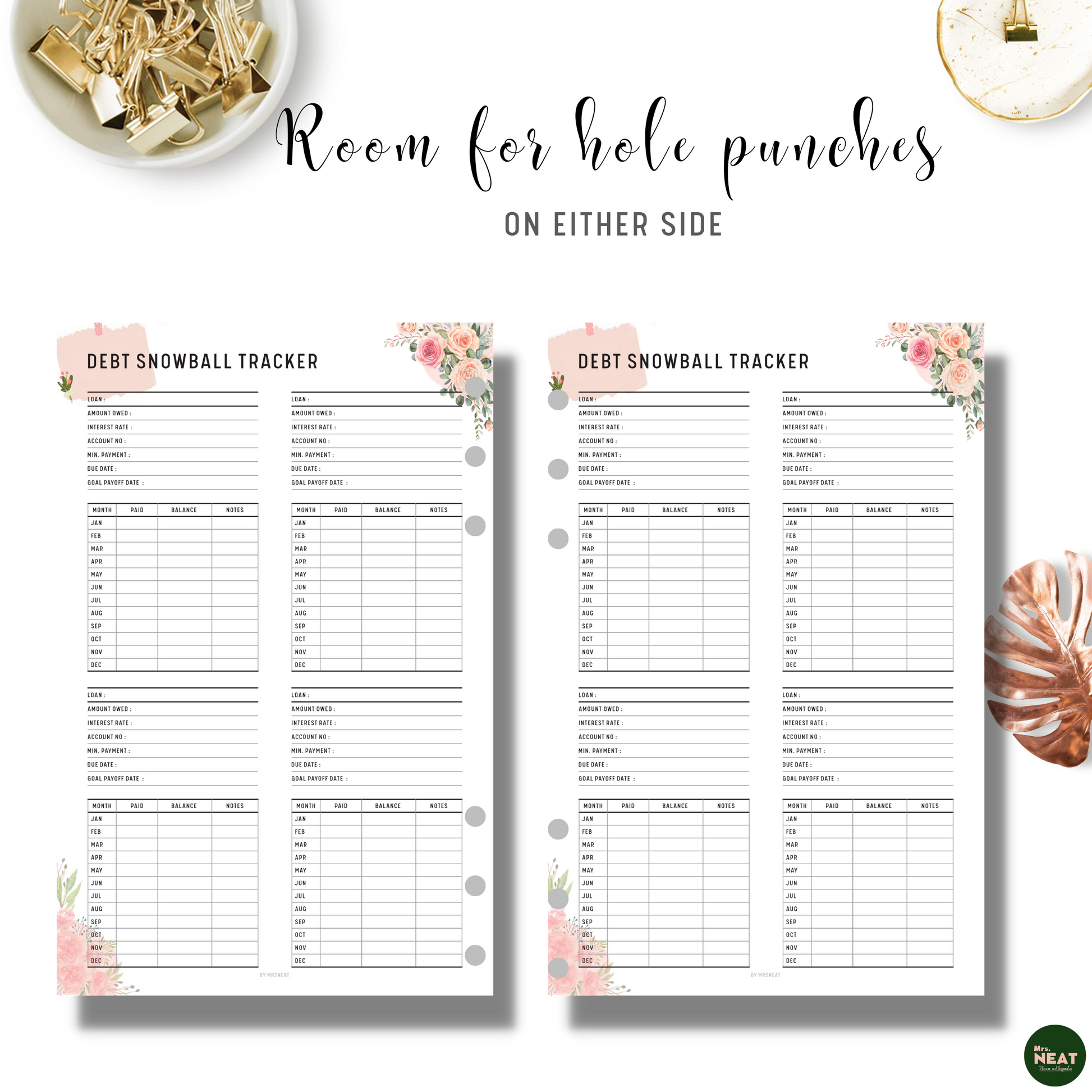 Floral Detailed Debt Snowball Tracker Planner with room for hole punches on either side
