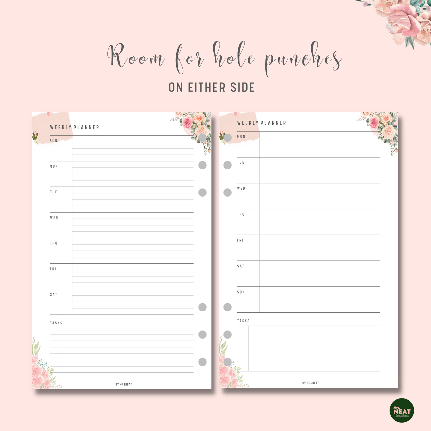 Beautiful Floral Weekly Planner with room for hole punches on either side