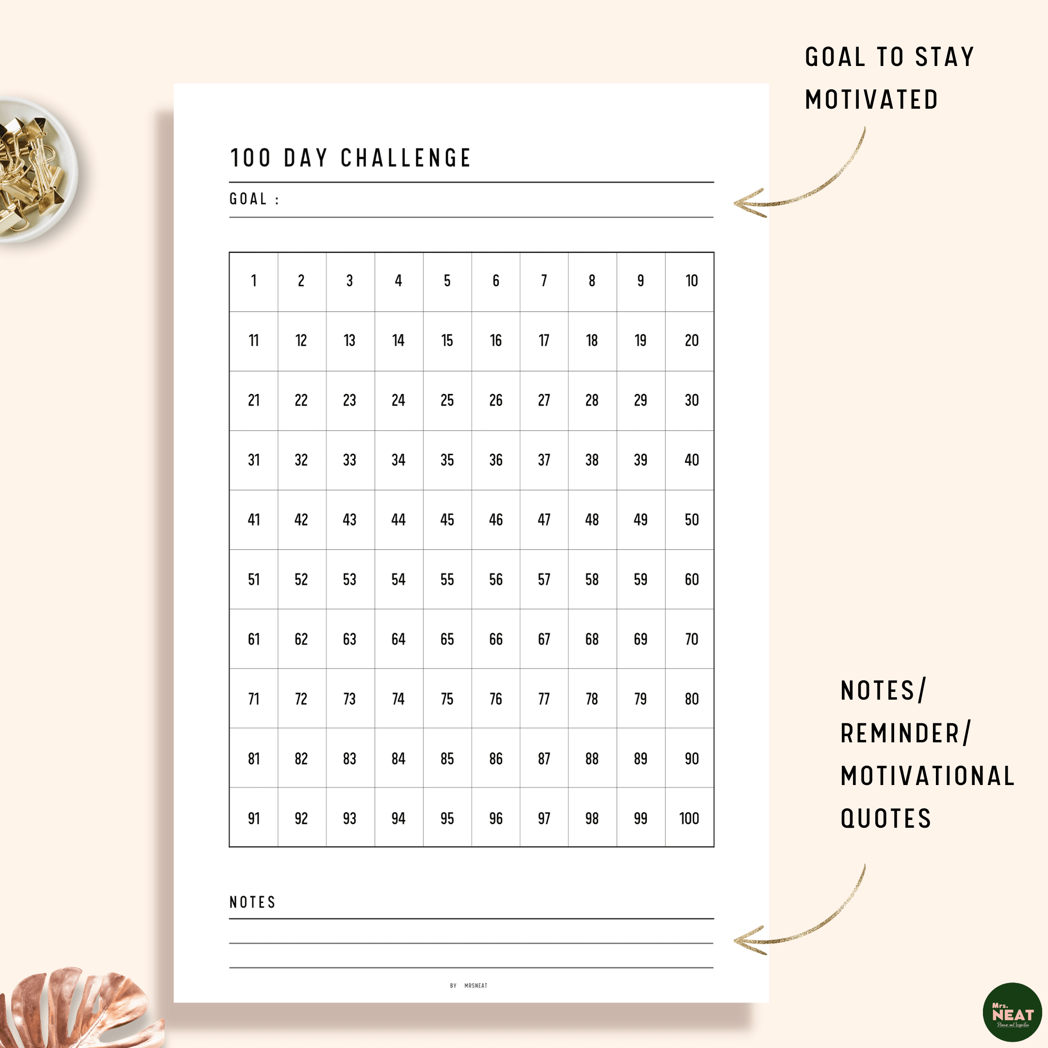 100 Day Challenge Printable Mrsneat