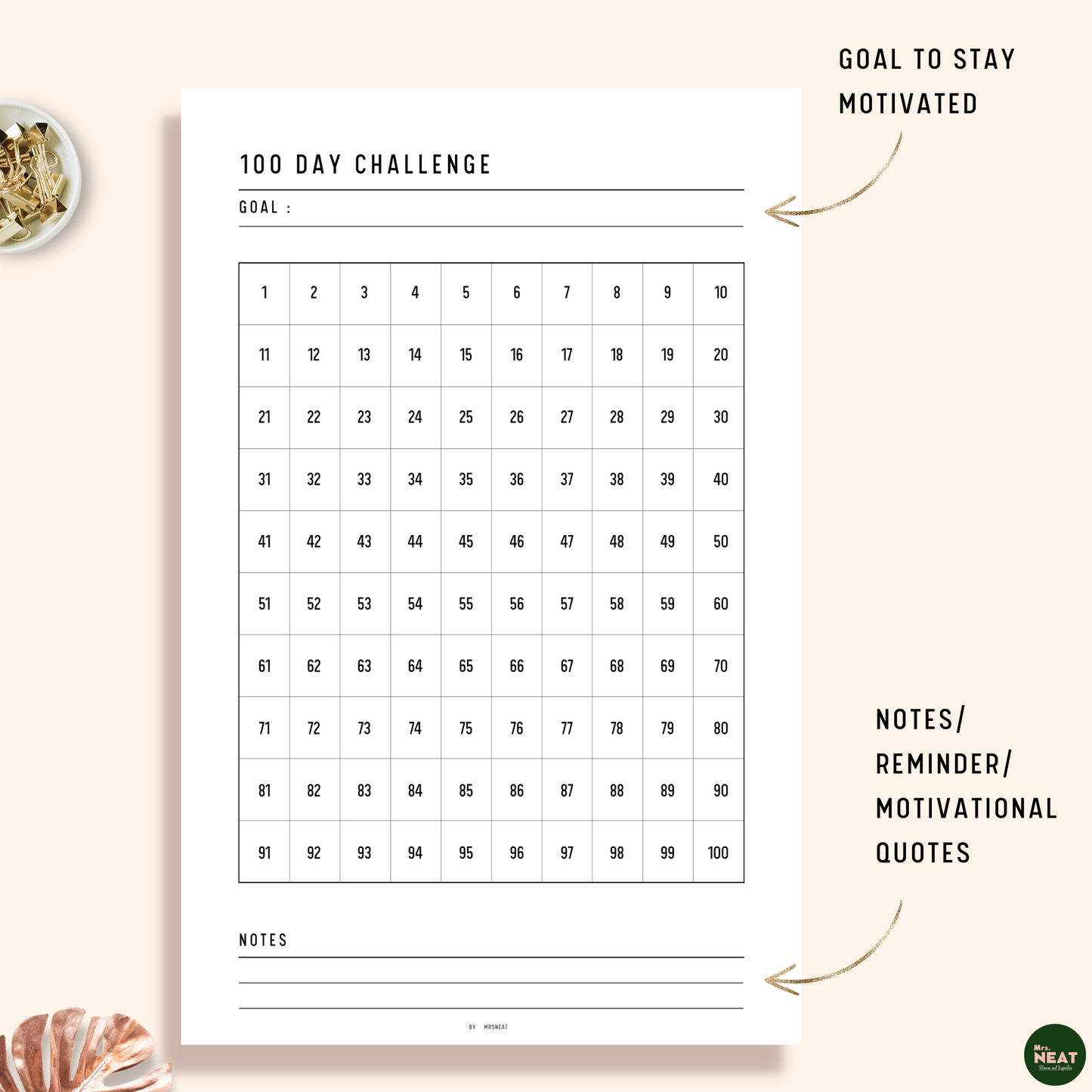 Minimalist 100 Day Challenge Habit Tracker Planner with Room for Goal and Notes