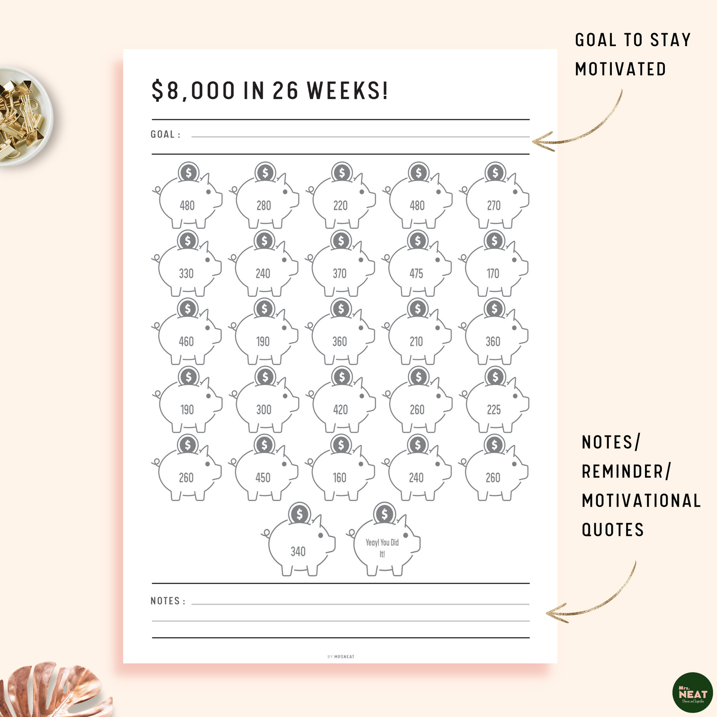 Cute $8000 Money Saving Challenge in 26 Weeks Planner with room for Goal and Notes