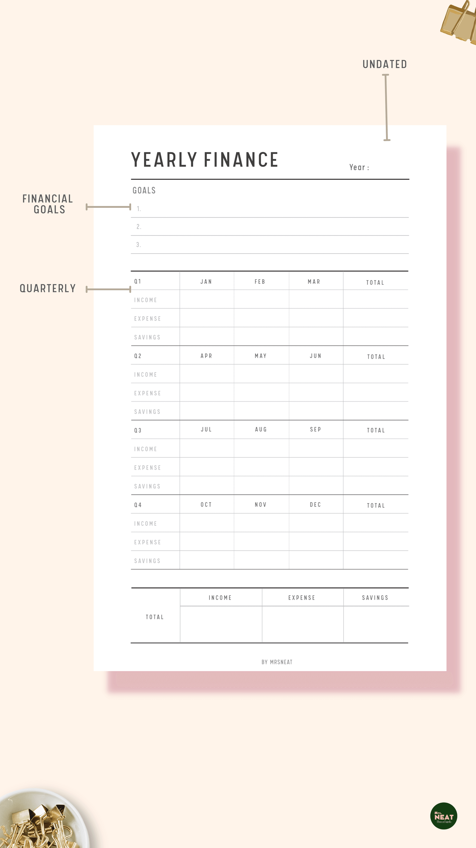 Yearly Financial Planner with room for Financial Goals, and capture financial position for quarterly