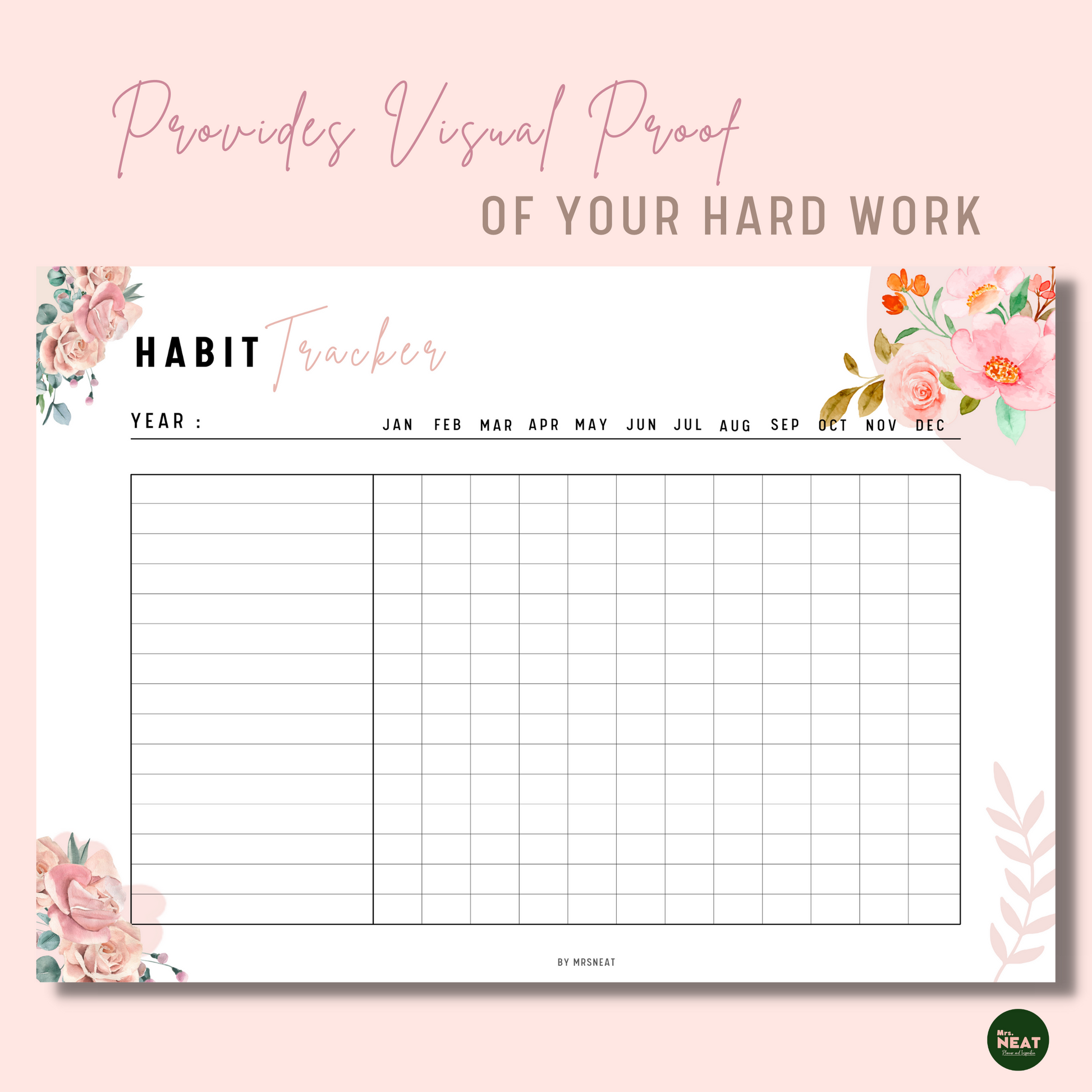 Cute Horizontal Yearly Habit Tracker Planner with room for habits and monthly tracker