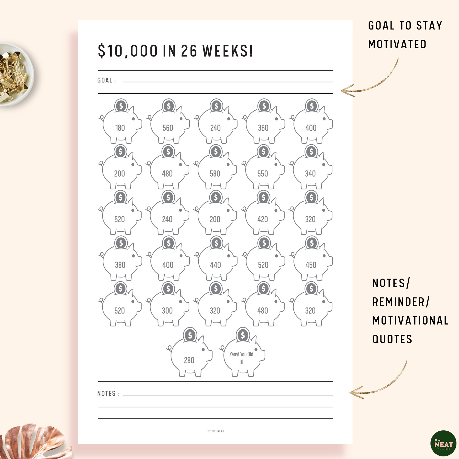 Cute $10000 Money Saving Challenge Planner in 26 Weeks with room for Goal and Notes