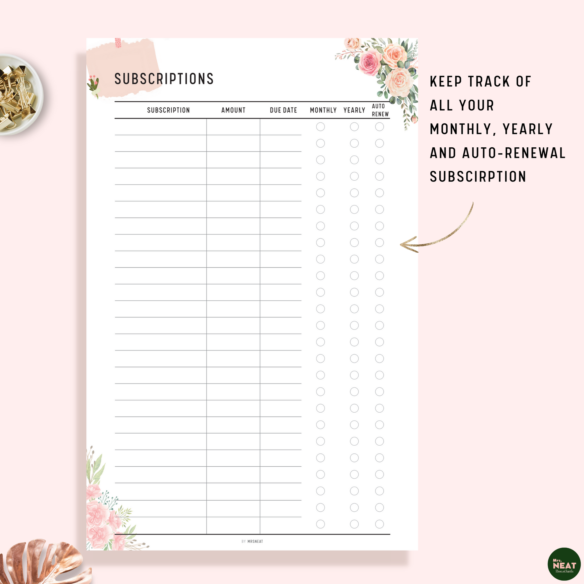 Floral Subscriptions Tracker Planner Printable with Monthly, Yearly and Auto Renew Option