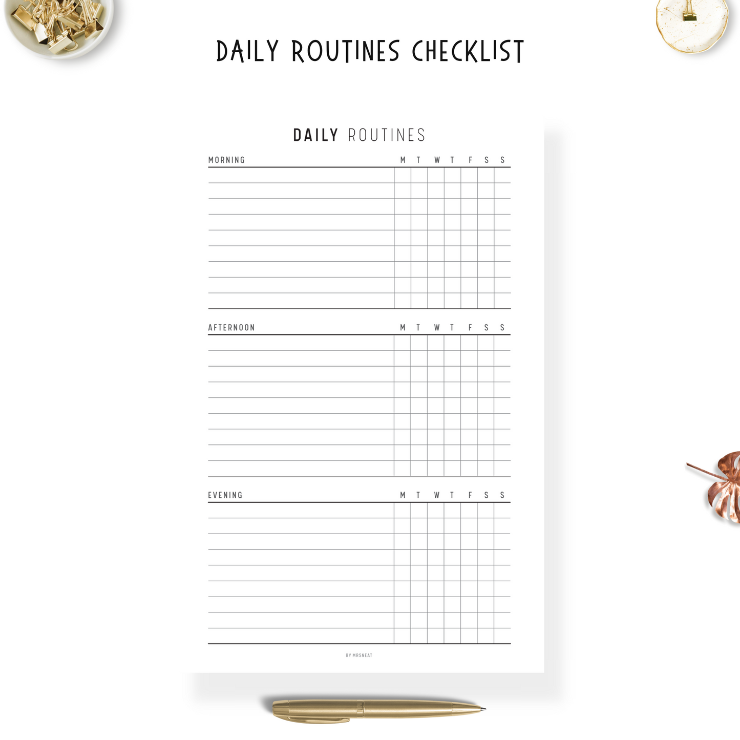 Minimalistic Daily Routine Checklist with room for Morning, Afternoon and Evening Routines