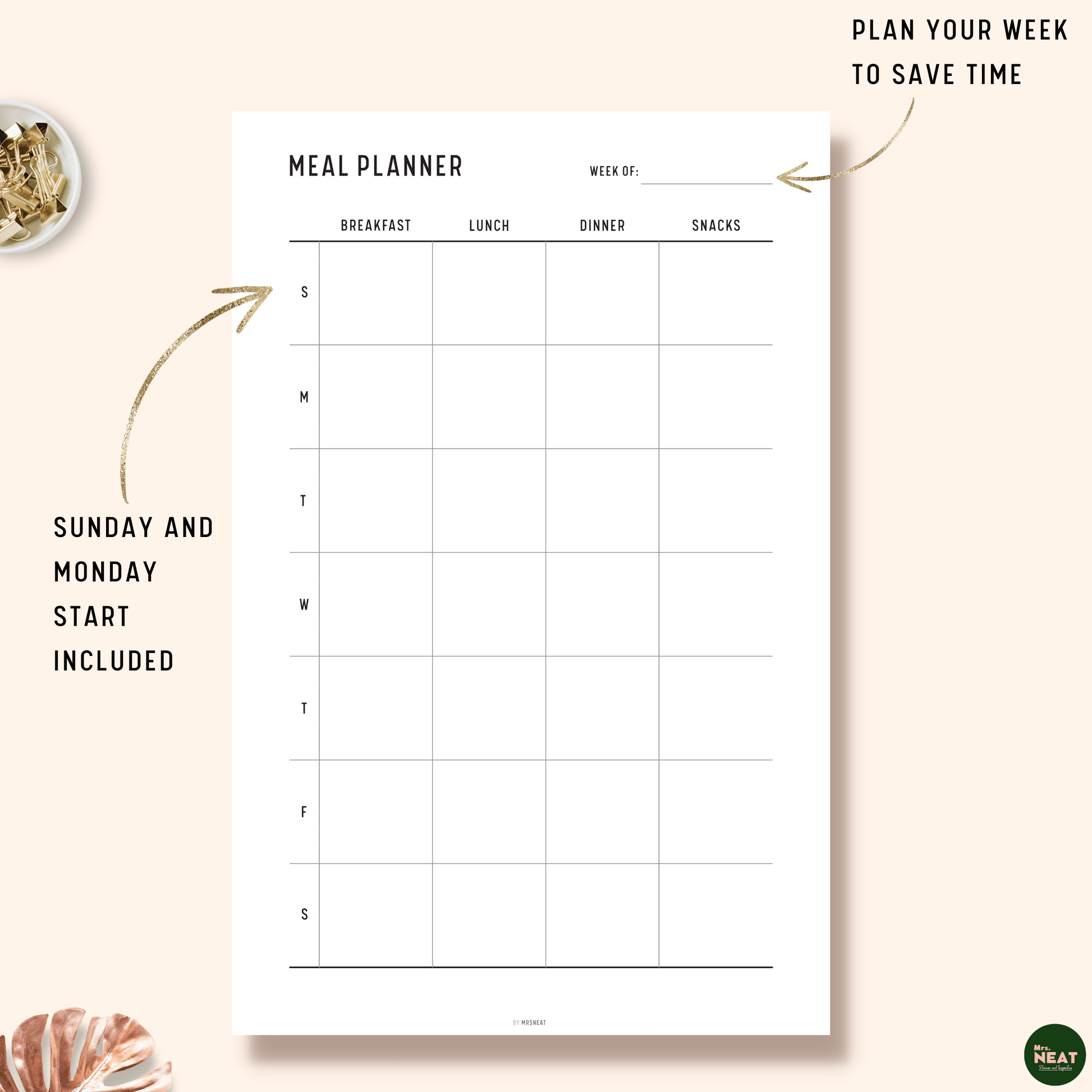 Clean and Minimalist weekly planner with Sunday Start and Monday Start