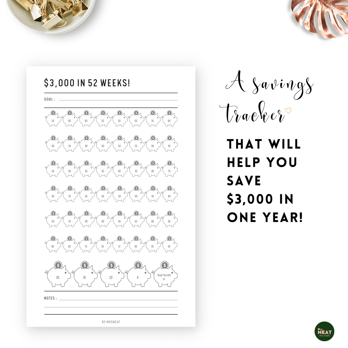 Cute piggy bank Saving Tracker that will help to save money $3000 in one year