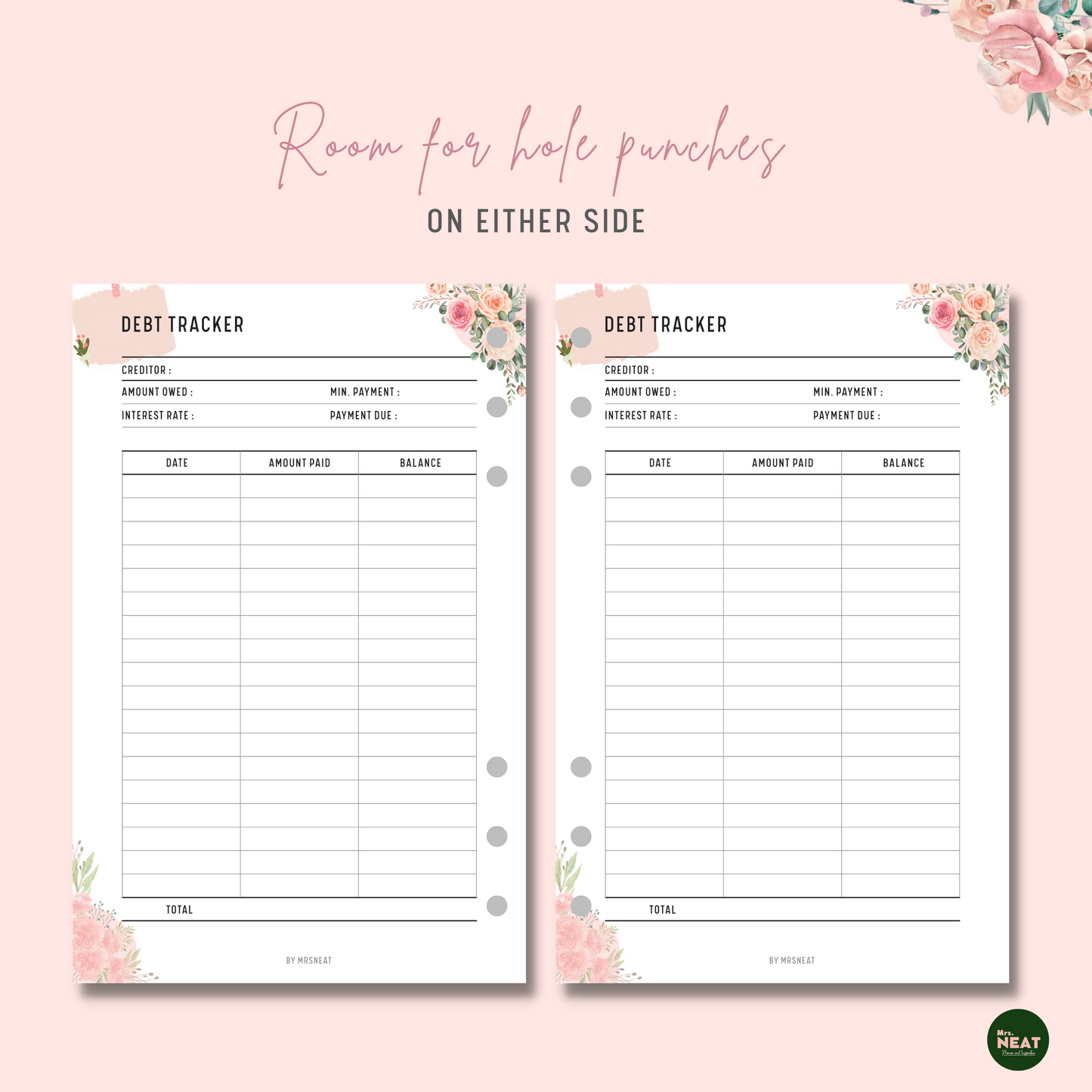 Floral Debt Payment Tracker Planner with room for hole punches on either side