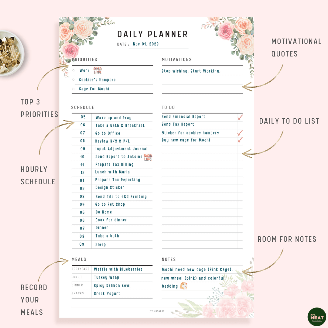 Floral Daily Planner with room for motivational quotes, daily priorities, Schedule and Daily To Do