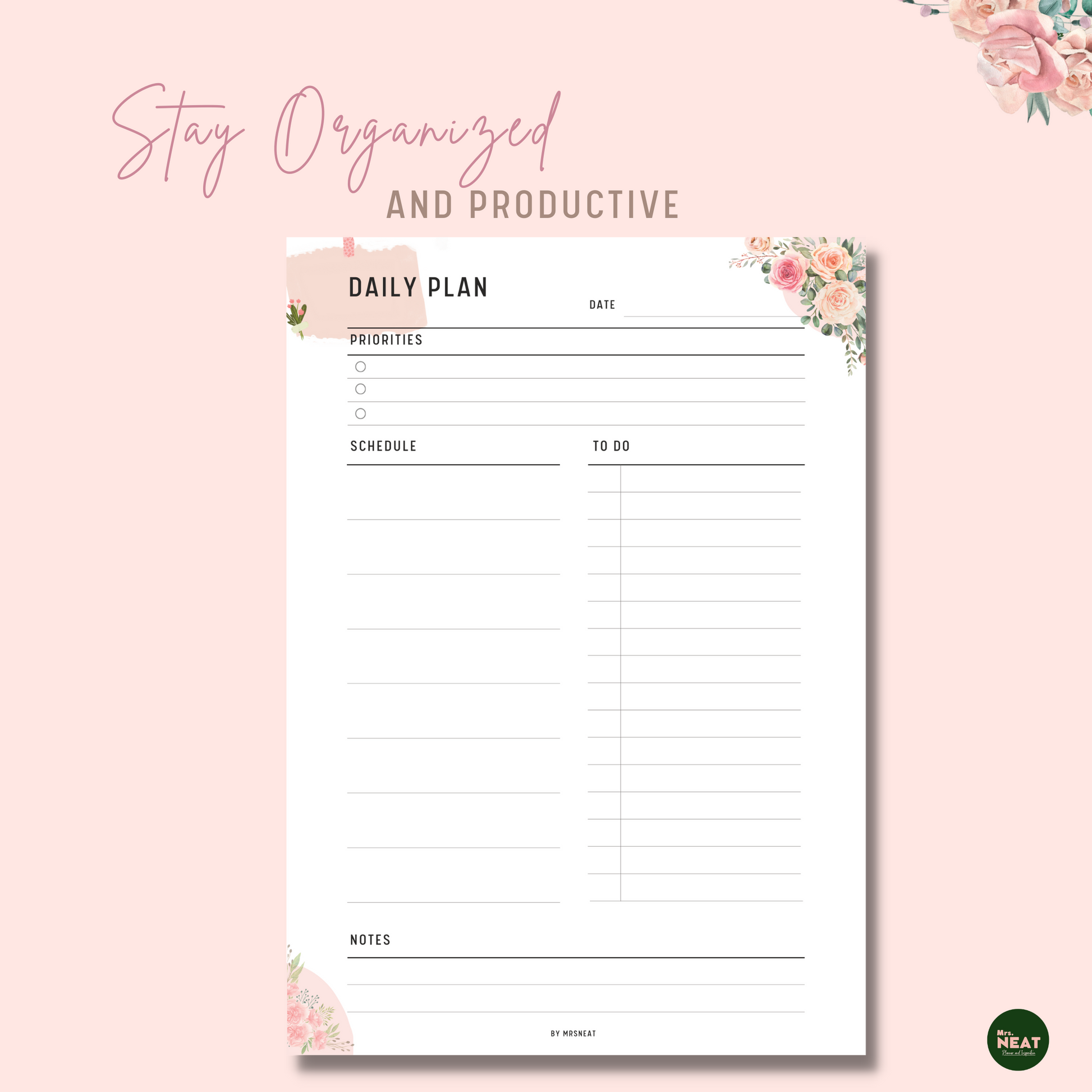 Floral Minimalist Daily Planner Printable with room for Priorities, Schedule, To Do List and Notes