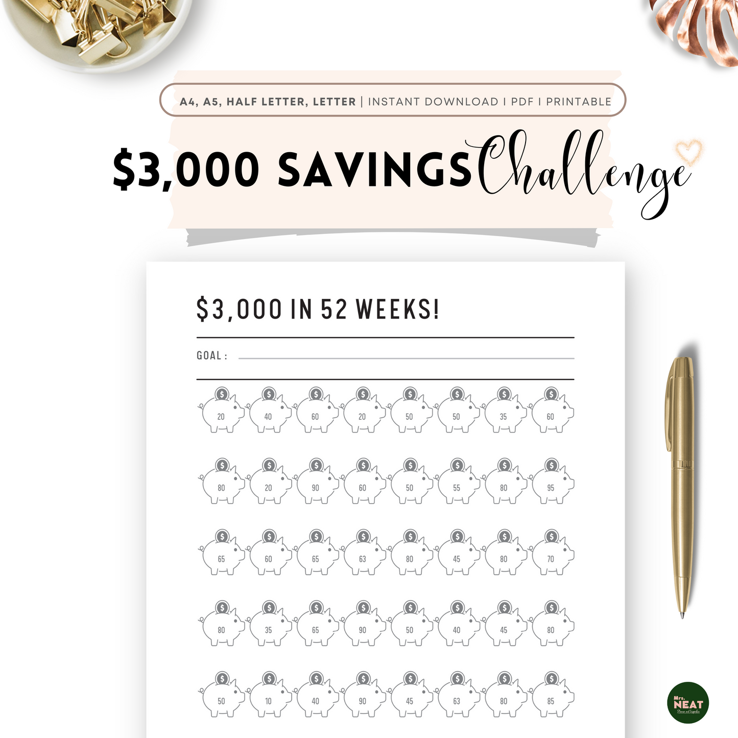 Cute and Beautiful $3000 Saving Challenge in 52 Weeks with room for goal