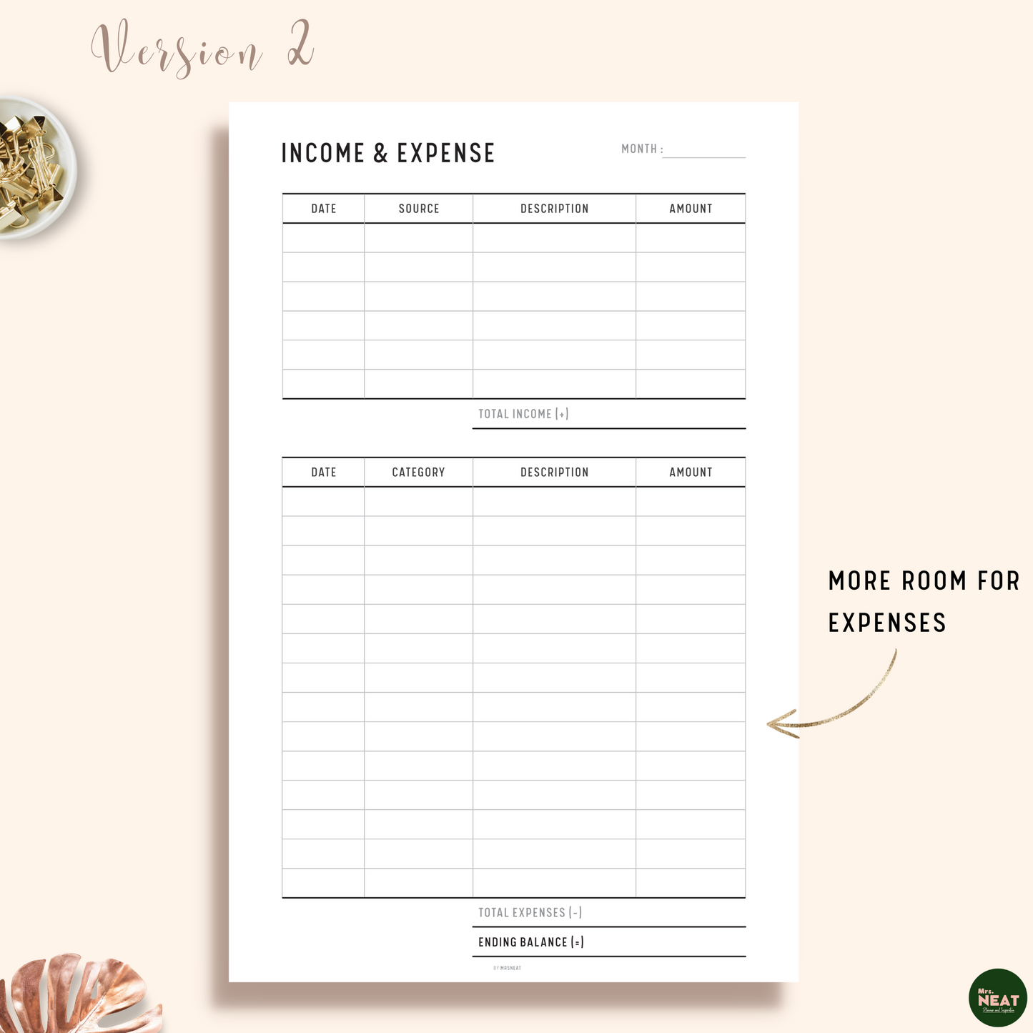 Income and Expense Tracker Planner in one page with room for income, expense and ending balance