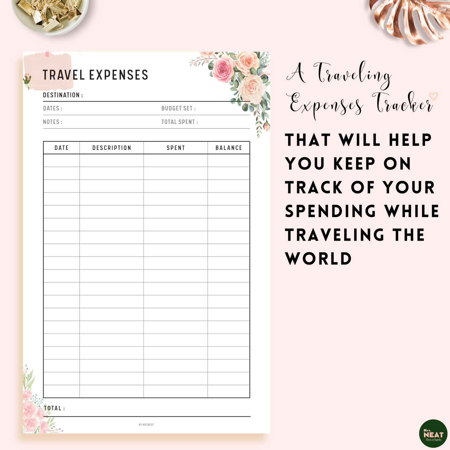 Floral Travel Expenses Tracker Planner to help keep on track of spending while traveling the world