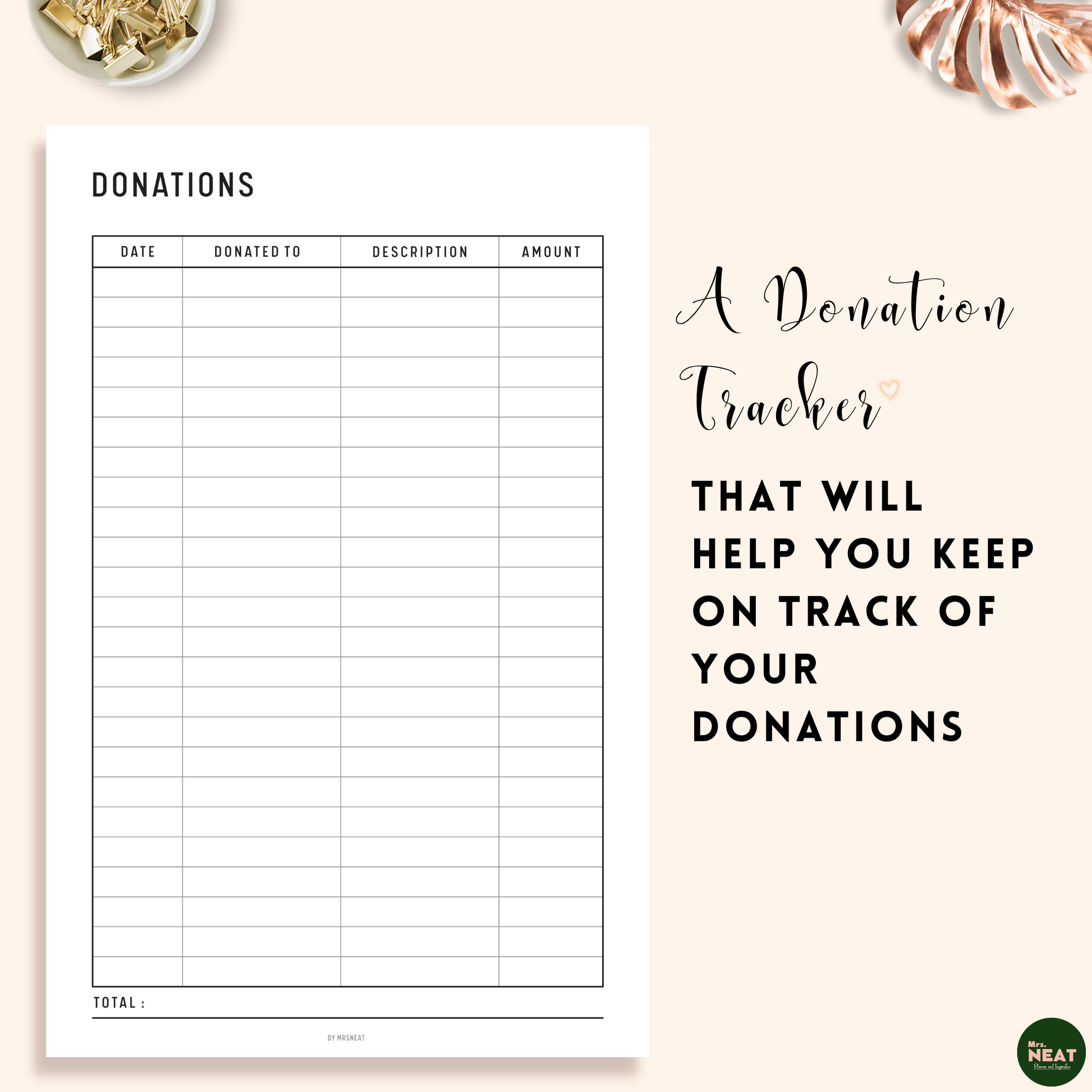 Donation Tracker Planner with room for date, Donated to, Description, amount and total donation