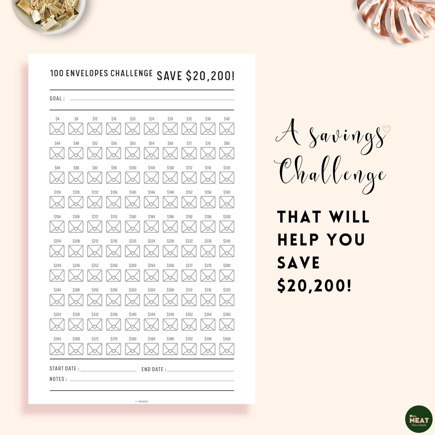 A Cute saving tracker that will help to save $20200 in 100 weeks