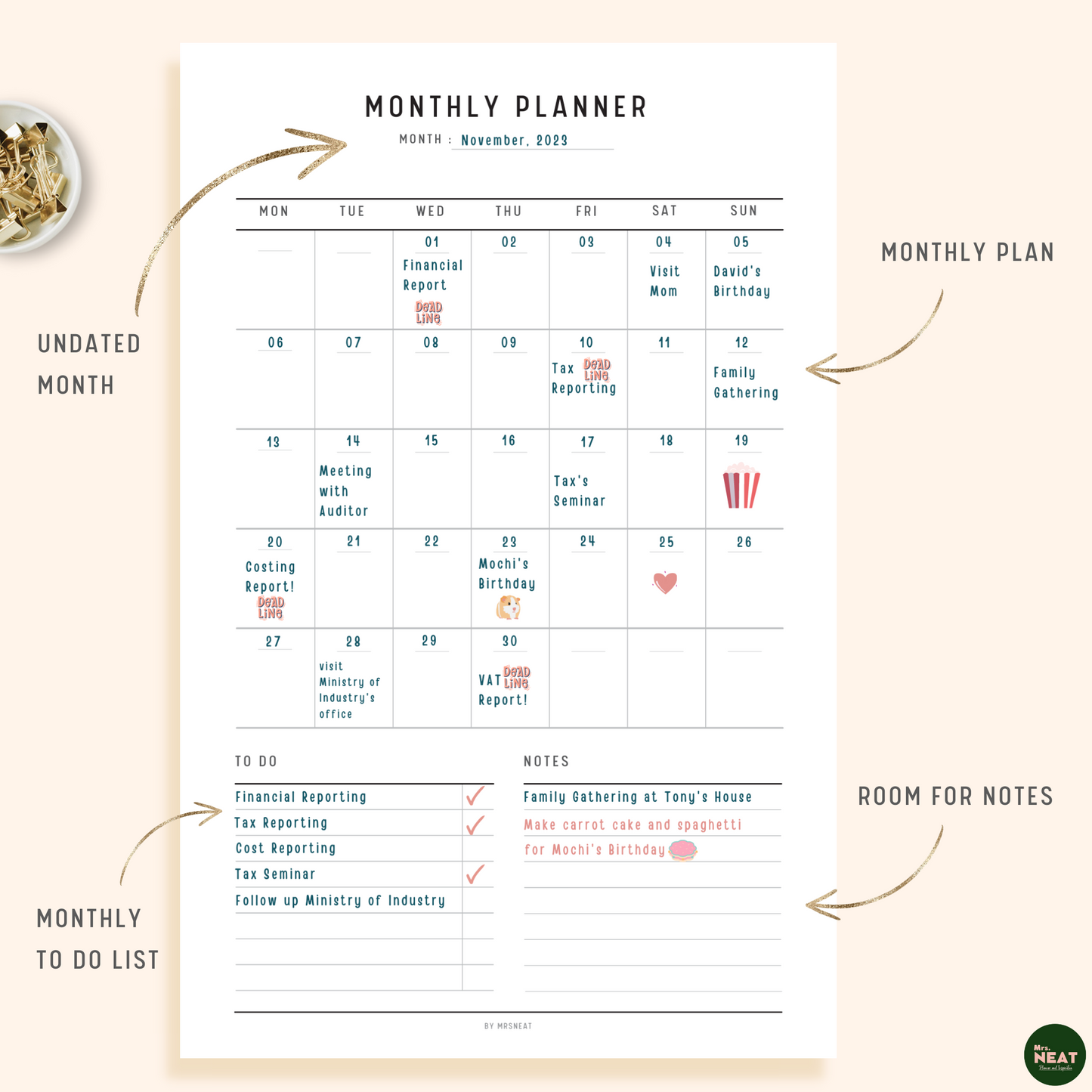 Monthly Planner Printable with 35 Box for each day and room for To Do and notes