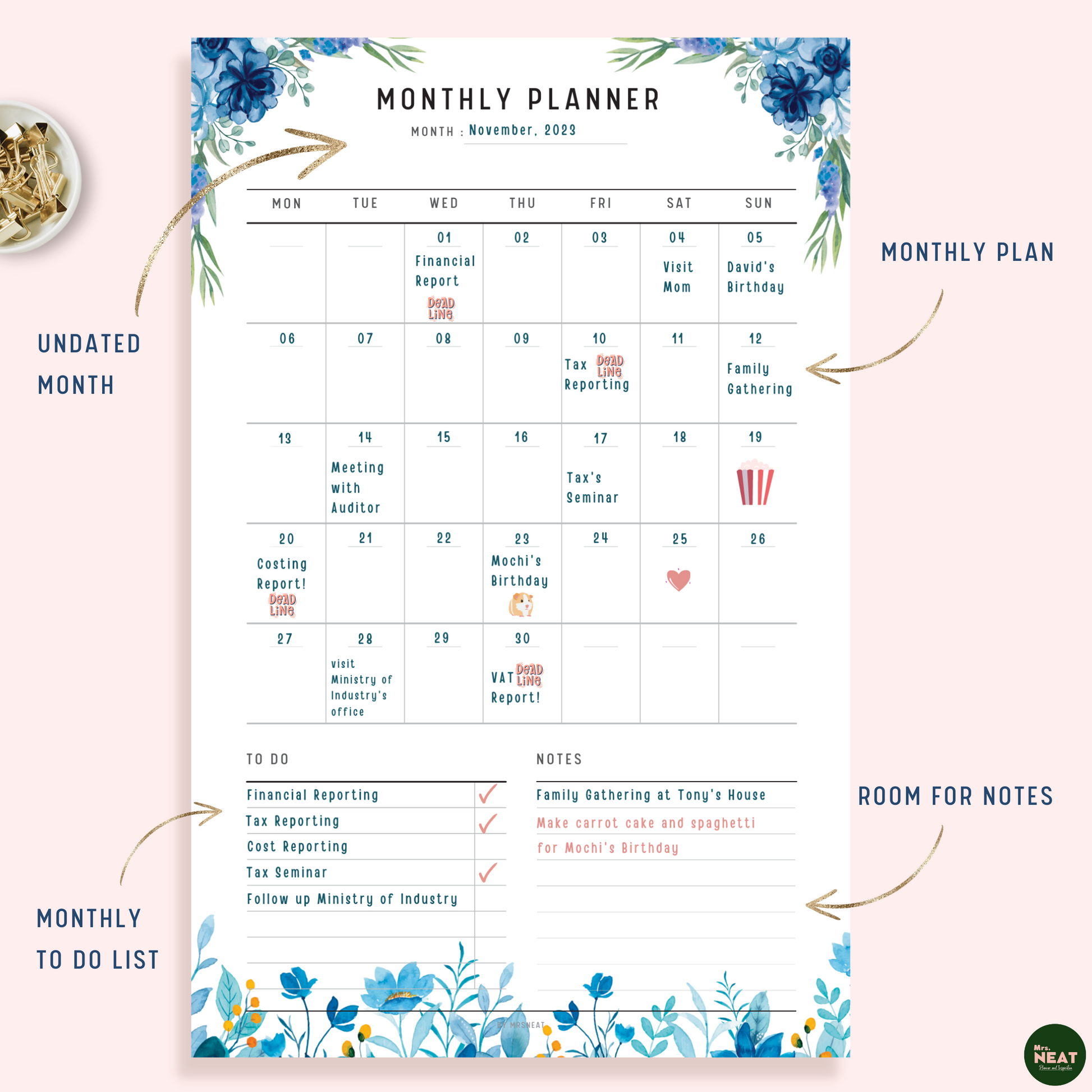 Minimalist Floral Monthly Planner with 35 box for each day and room for To Do List and Notes