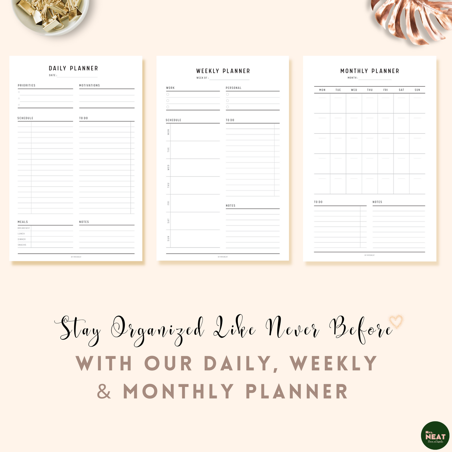 3 Pages of Daily, Weekly and Monthly Planner in Minimalist and Clean Design