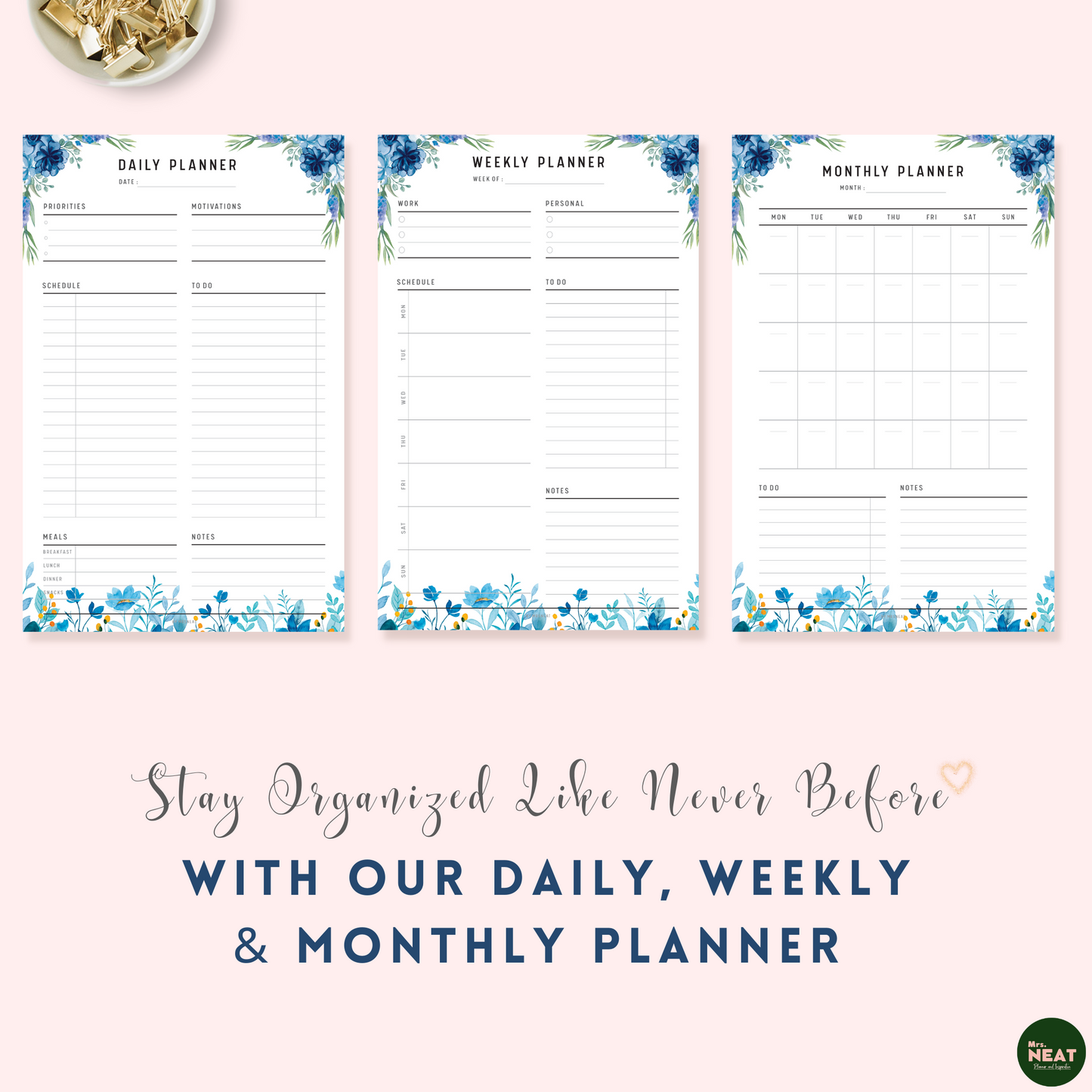 3 Pages of Cute Blue Floral Daily, Weekly and Monthly Planner Printable