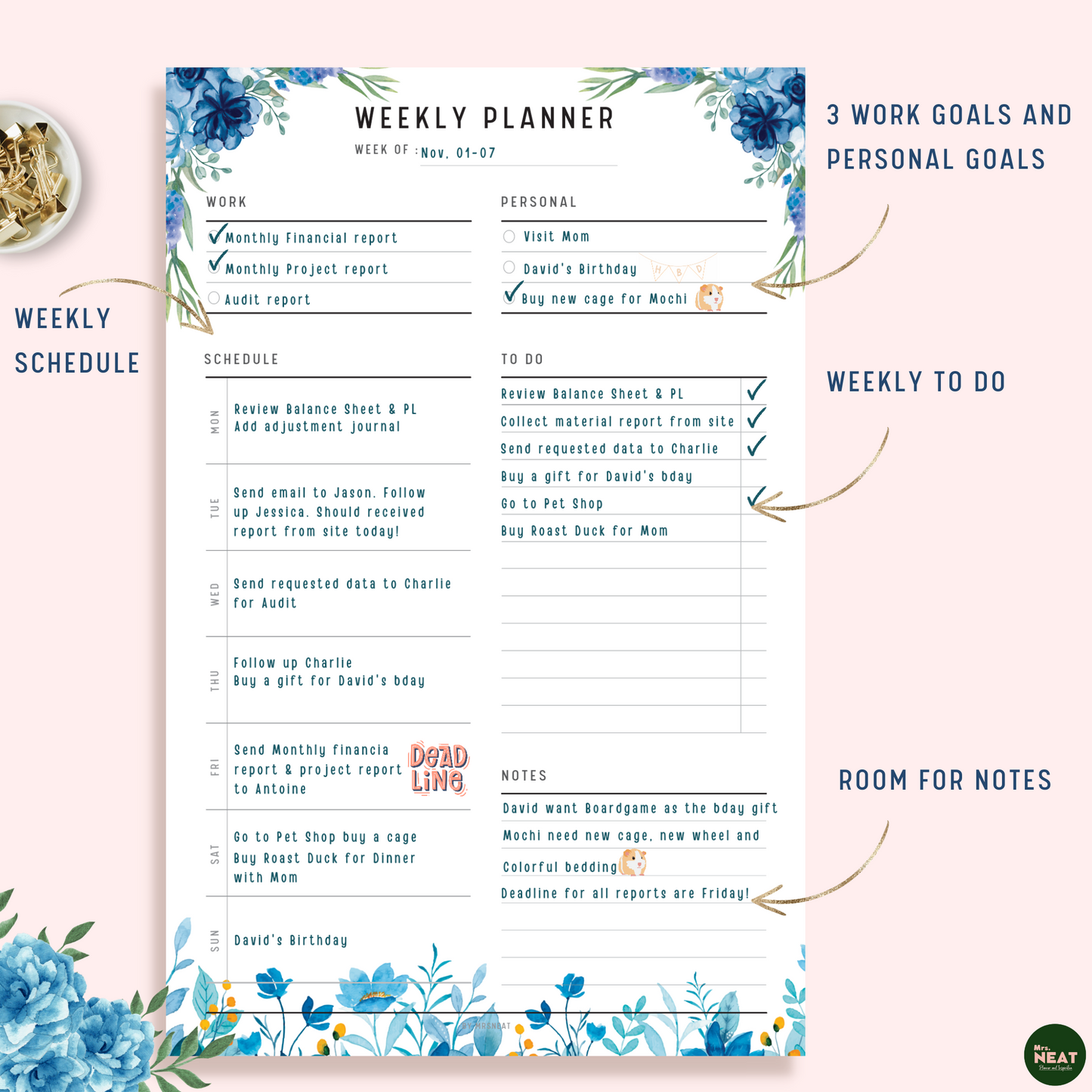 Floral Weekly Planner with room for Personal and Work Goals, Schedule, To Do List and Notes