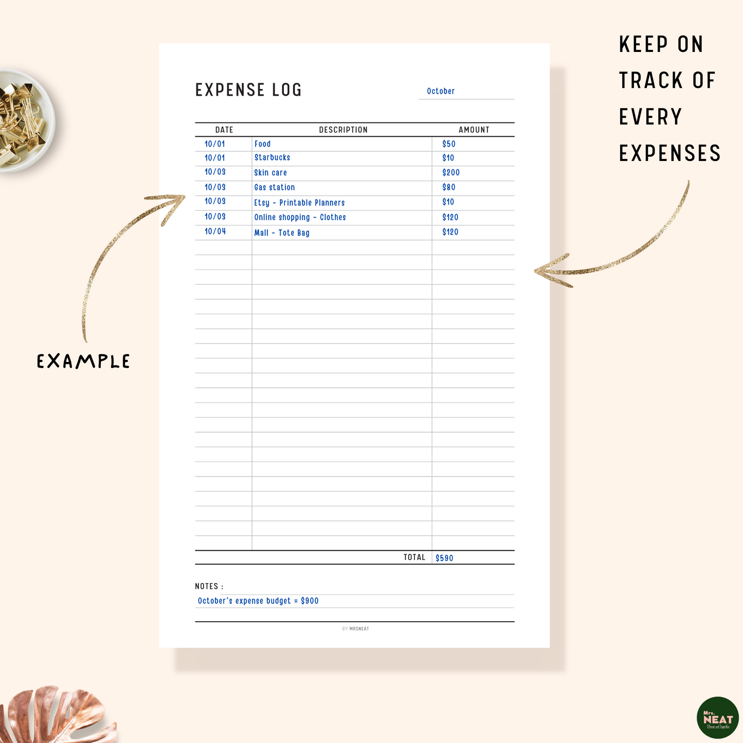 Expense Log Tracker Printable Planner with detail list of expenses and notes