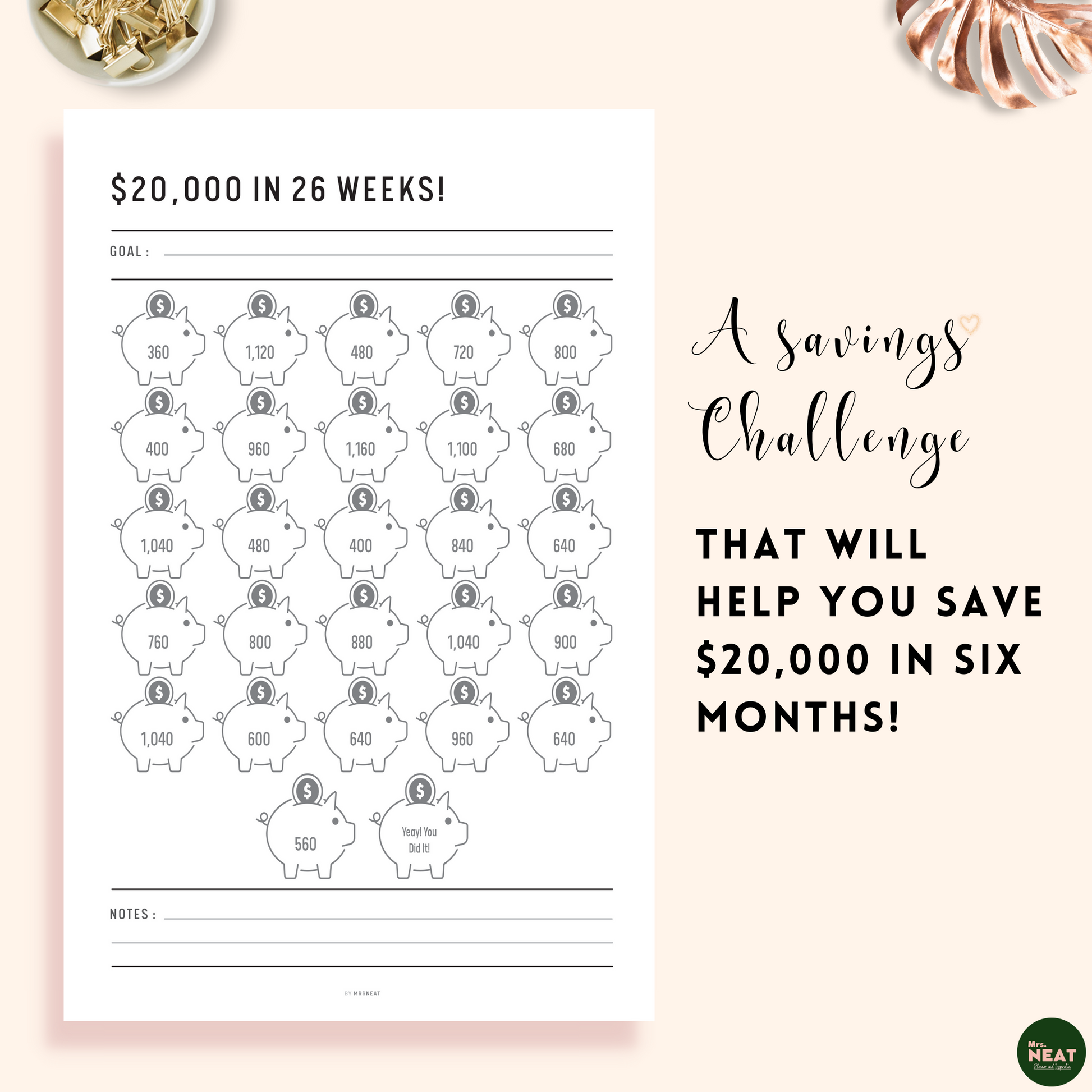 A Cute Piggy Bank Saving Tracker that will help you save $20000 in six months
