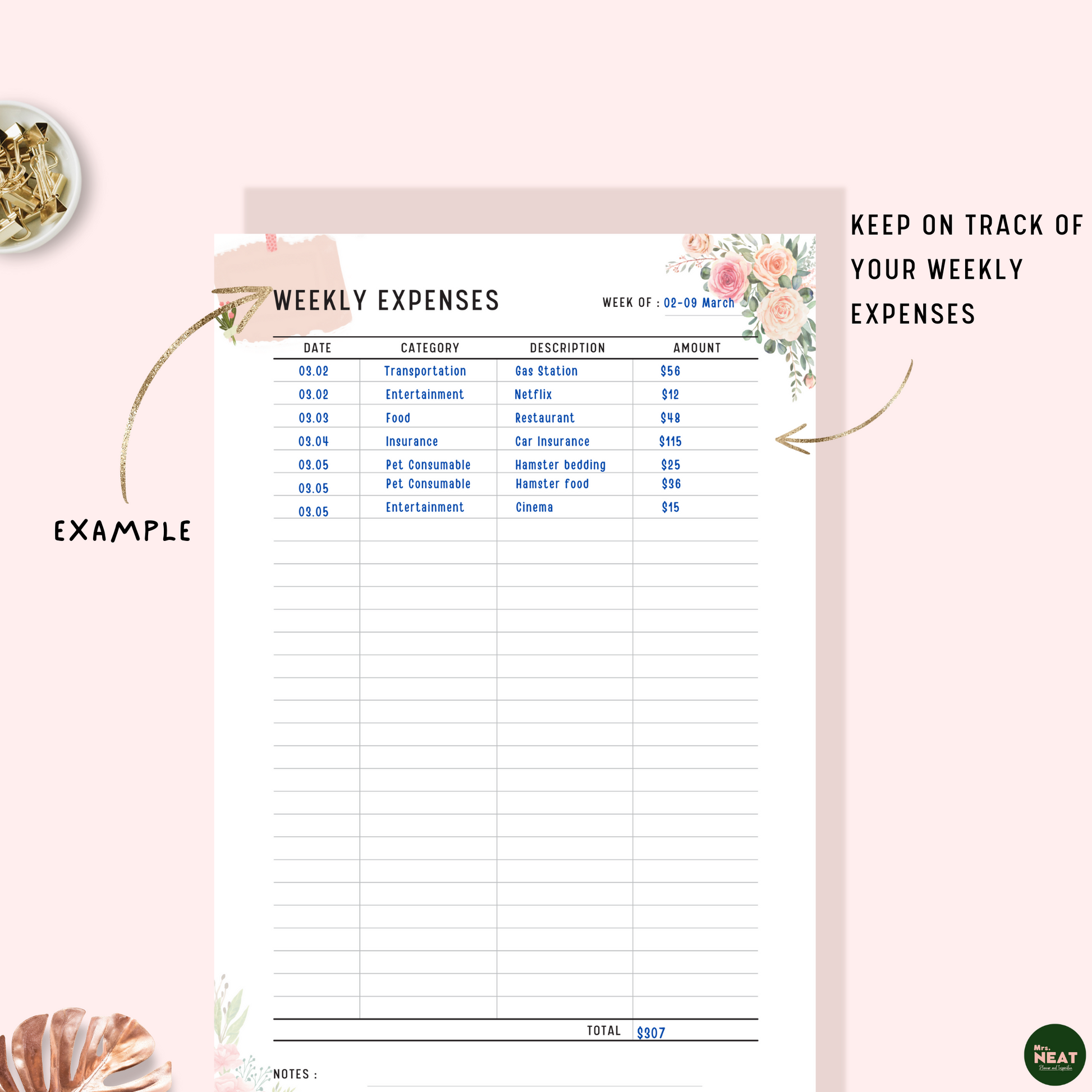 Floral Weekly Expenses Tracker Planner Printable with detail list expenses for 02 - 09 March